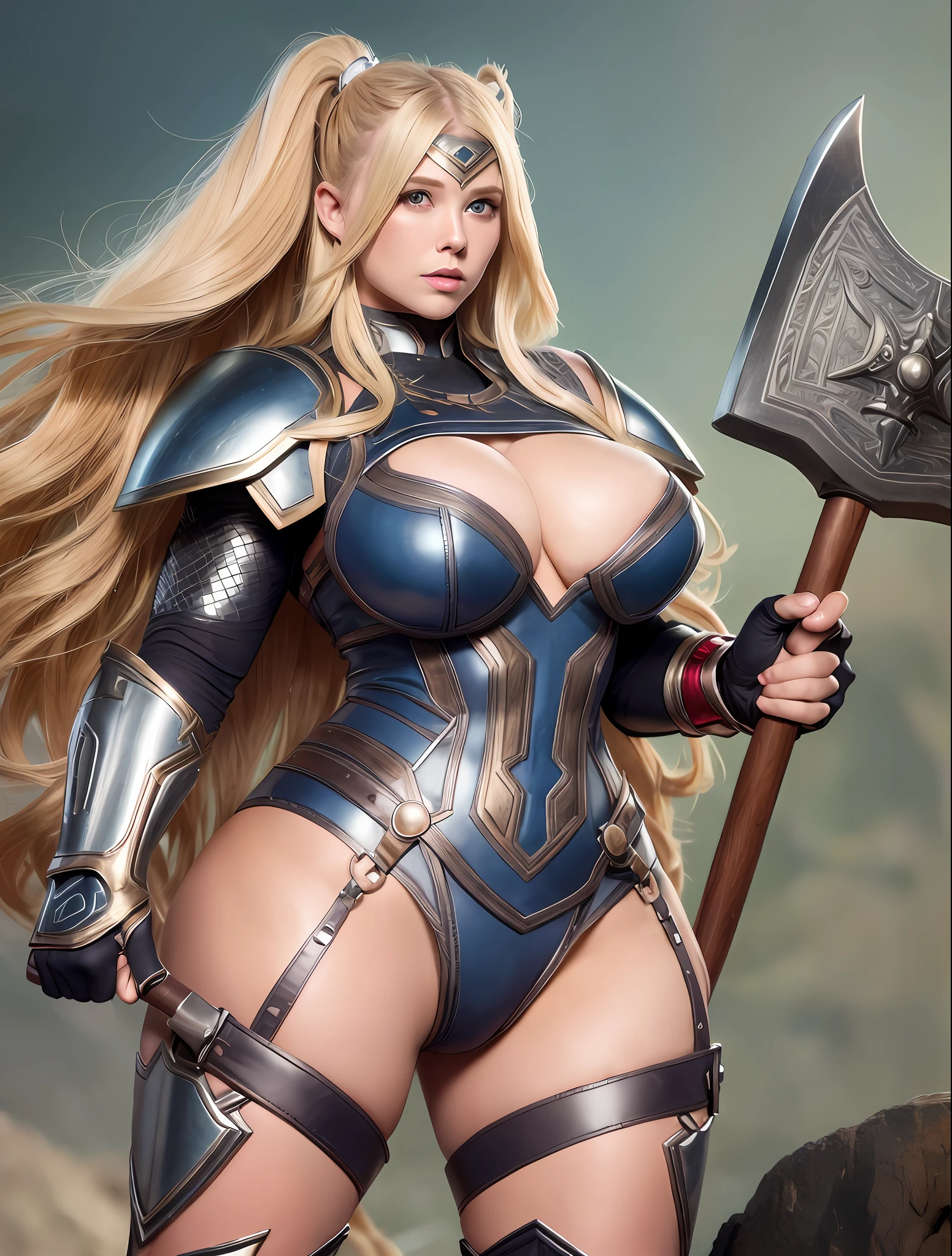 8k thor shaped woman with long muscular blonde hair wearing feminine armor covering of large breastsed large thighs detailed voluptuous detailed with two muscular arms and two legs with hands holding the hammer