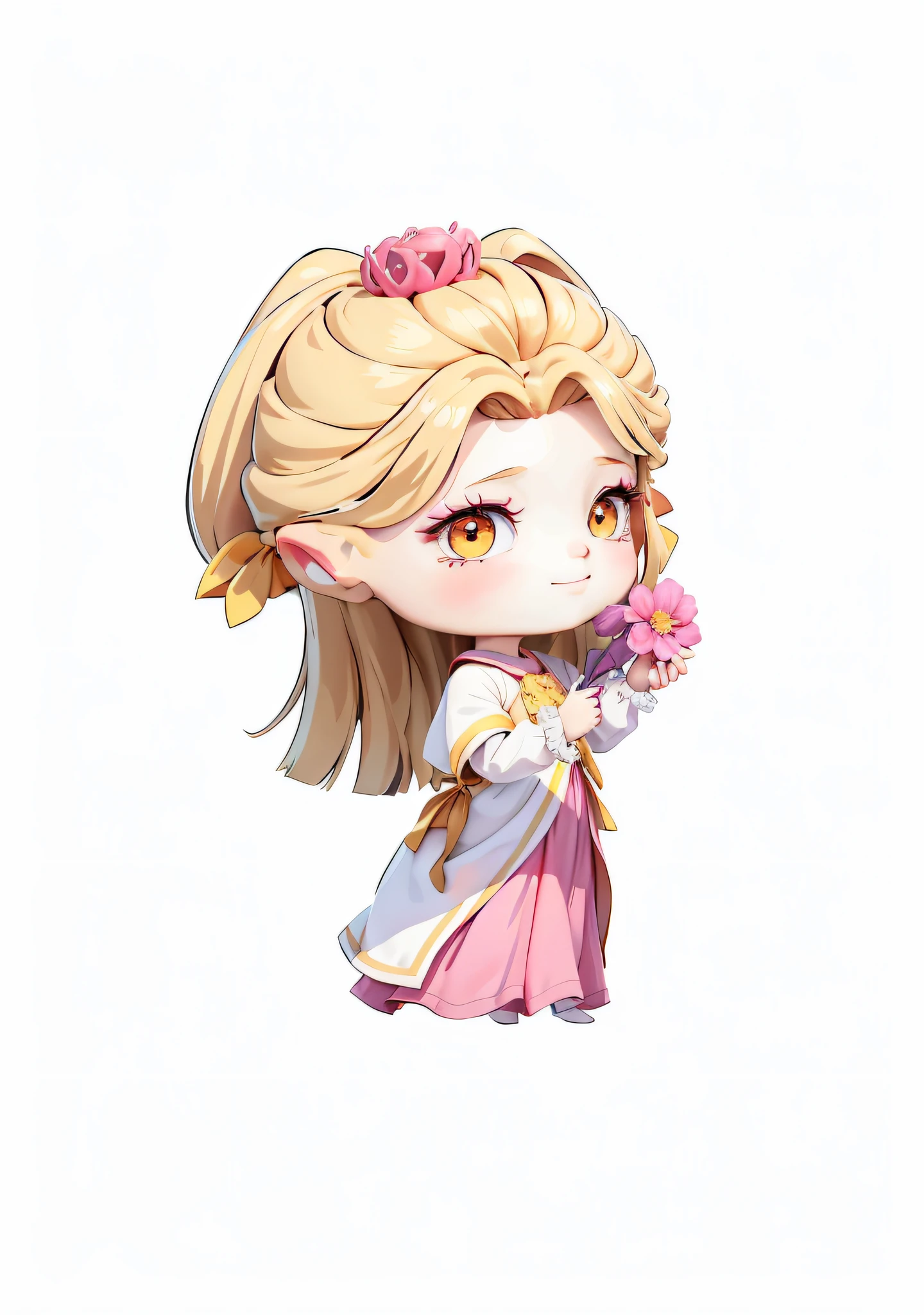 A cartoon girl holding a sleeping flower in her hand, she is smiling, the girl's hair is yellow-brown, the girl's clothes are pink and white, the eyes are yellow, the eyes are shining, the background is blank, and the lines are smooth