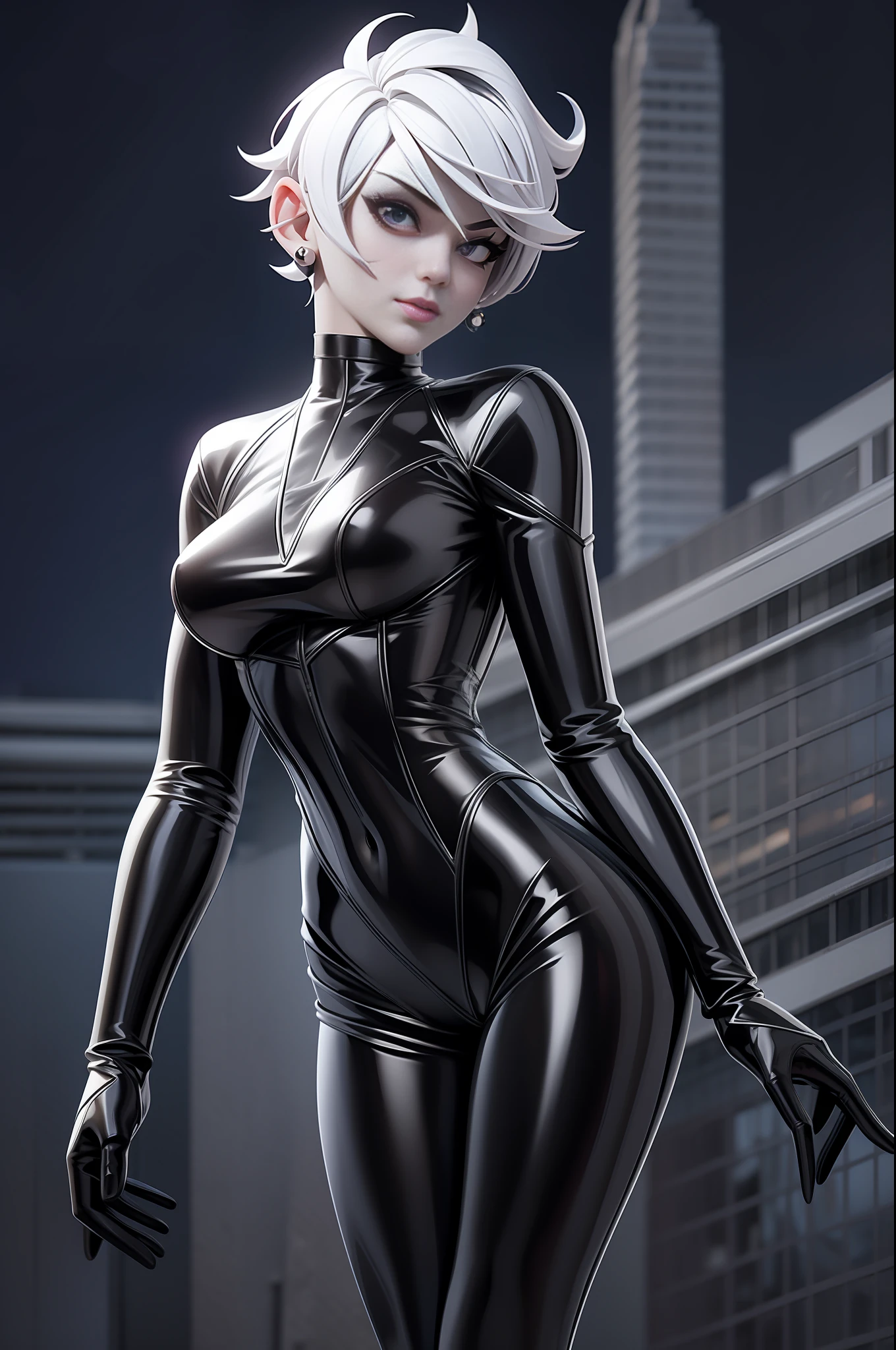 full body picture Unreal Engine 5 8K UHD of beautiful women, white short hair, wearing black white tight futuristic latex Spider Woman cosplay, latex glove, wearing purple glass, earring, lips piercing, modern city, best quality, masterpiece, 8K UHD wallpaper