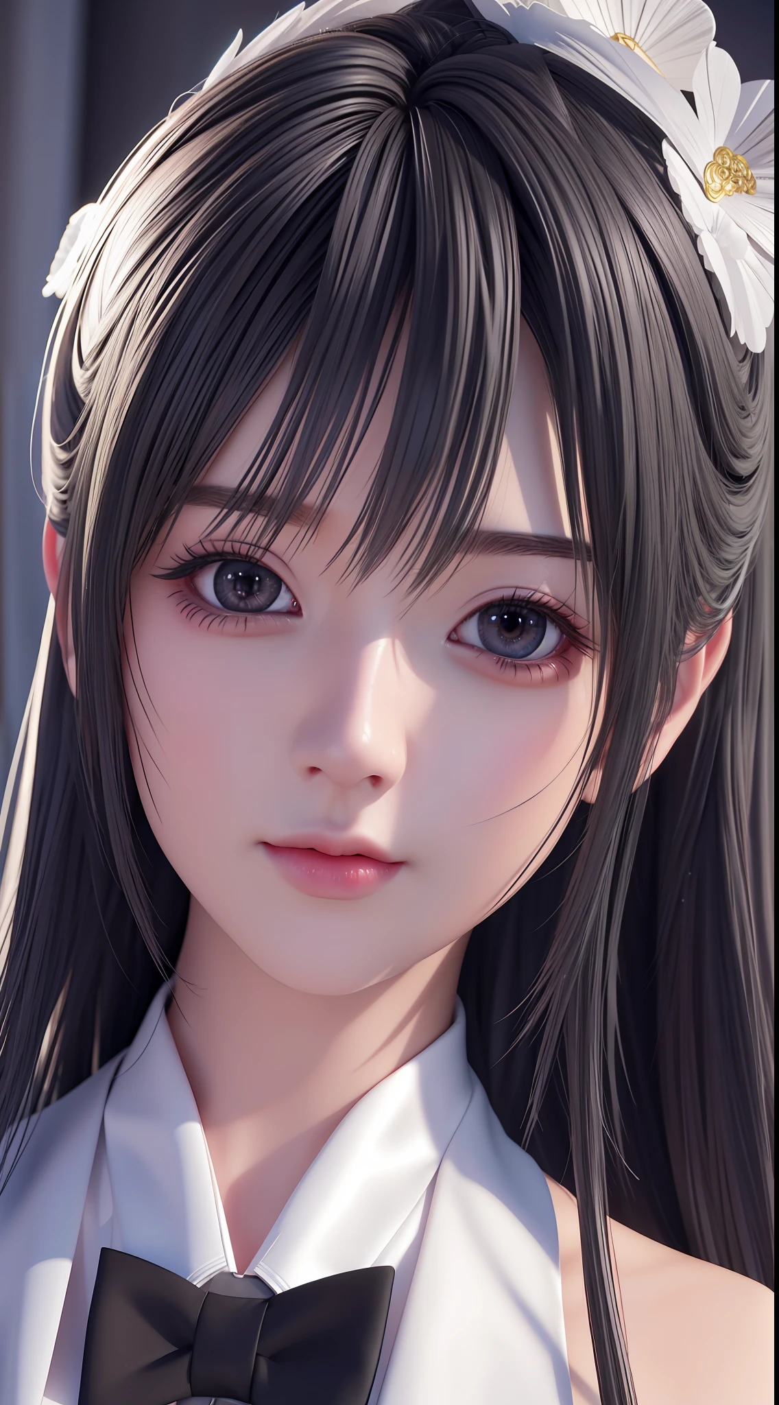 Kawaii realistic portrait, Artgerm style Guviz artwork, girl in black tie with gray hair, stunning anime face portrait, high detail, detailed painting 4K, realistic anime 3D style.