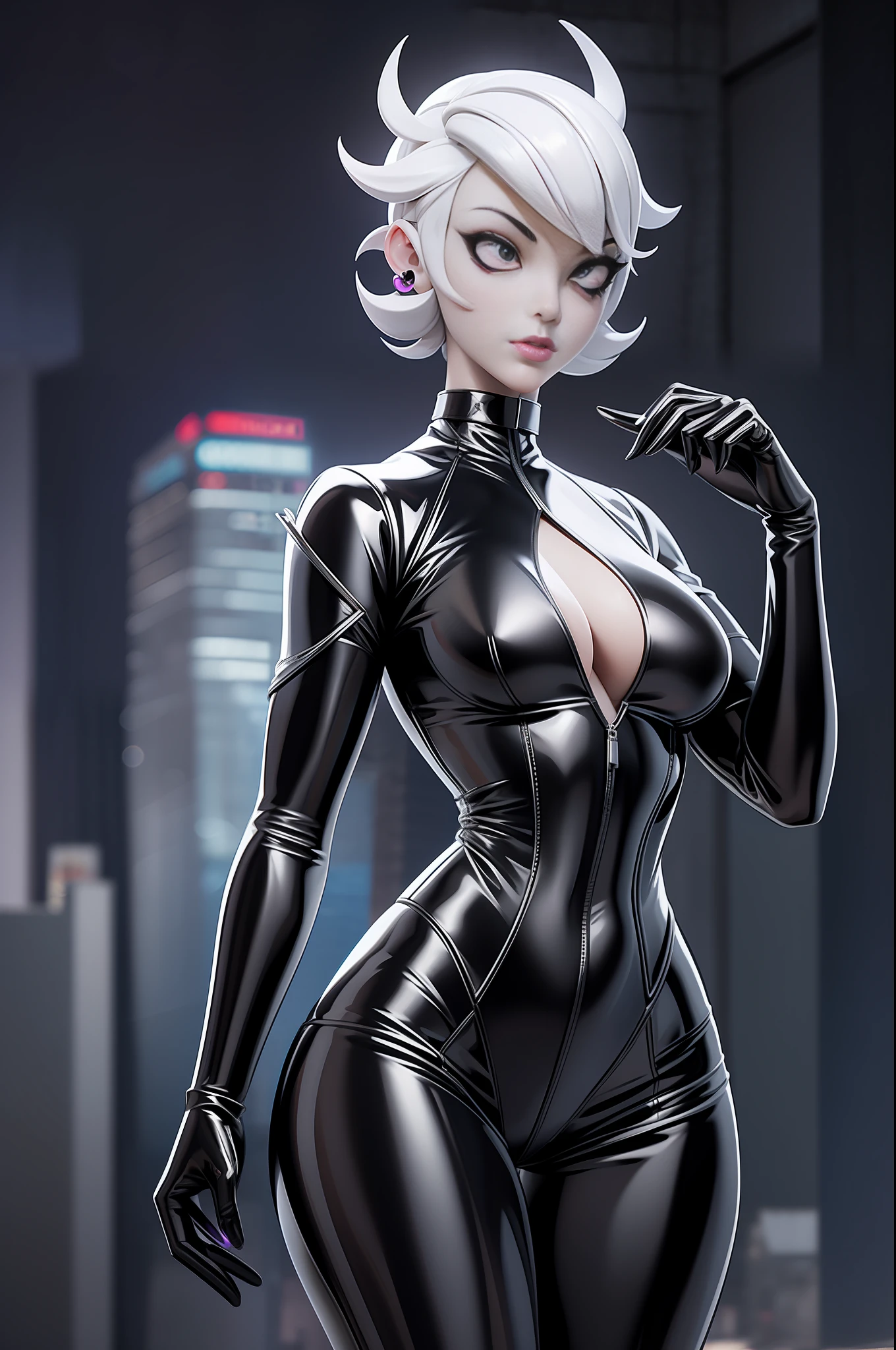 full body picture Unreal Engine 5 8K UHD of beautiful women, white short hair, wearing black white tight futuristic latex Spider Woman cosplay, latex glove, wearing purple glass, earring, lips piercing, modern city, best quality, masterpiece, 8K UHD wallpaper