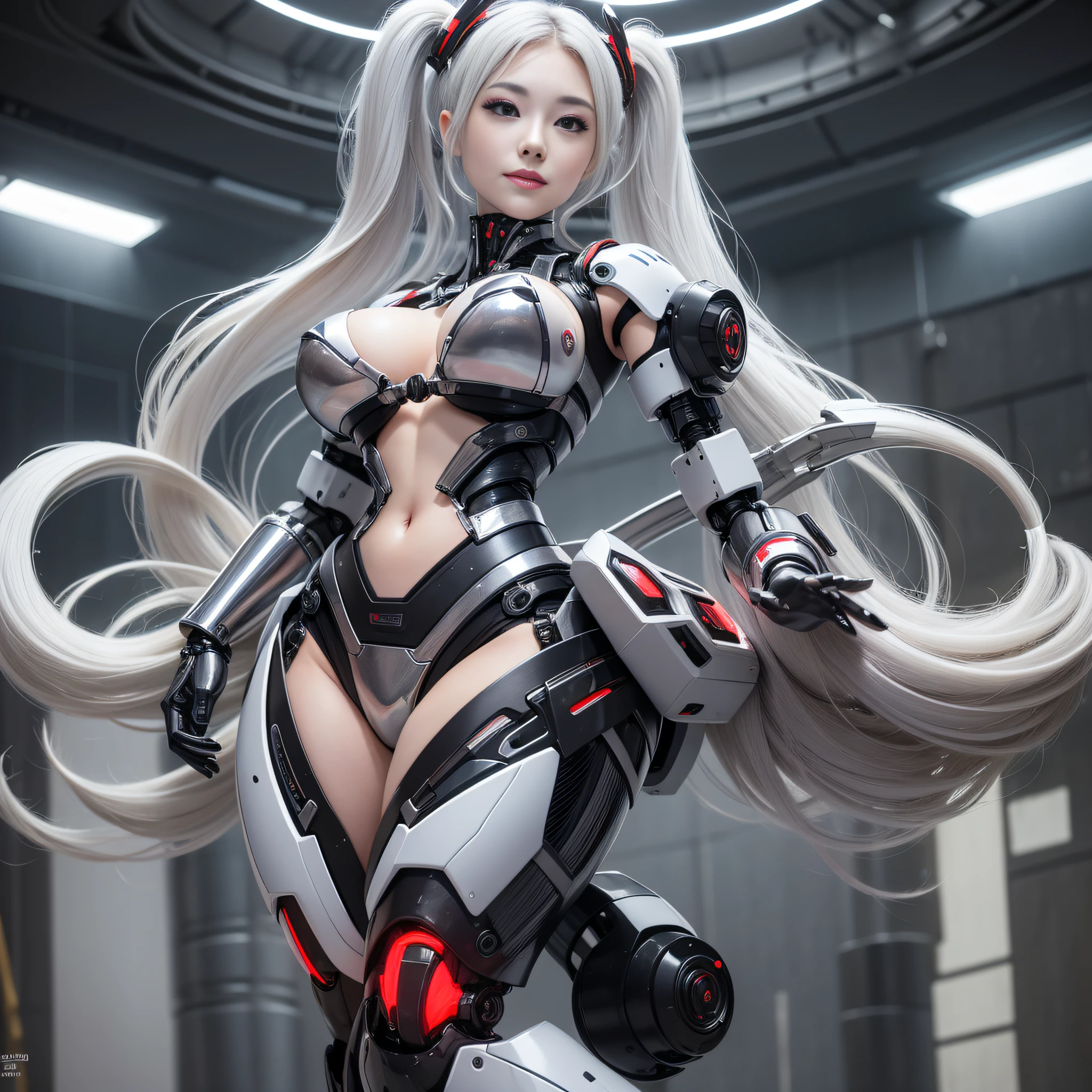 Beautiful Face,face is Japan, 1 Woman, Big, Curvaceous, (16k, RAW photo, top quality, masterpiece: 1.2), (HDR, Realistic, Photorealistic: 1.37) (tube attached to the body), (Bikini Cyborg robot parts)))), (light gray hair), Long hair, Wavy hair, Twin tails, Medium shot, ( Seductive smile)), (black eyes), princess cut,from below,(whole body),posing,,in the lab,( tube connected to blood vessel),((mechanical vertebrae attached to the back)),((mechanical neck attached to the neck)),(wire cable attached to the head and body),(character focus),science fiction,perfect female figure,perfect anatomy,ultraanatomy, Full body shot, up to 4 fingers and 1 thumb relationship,