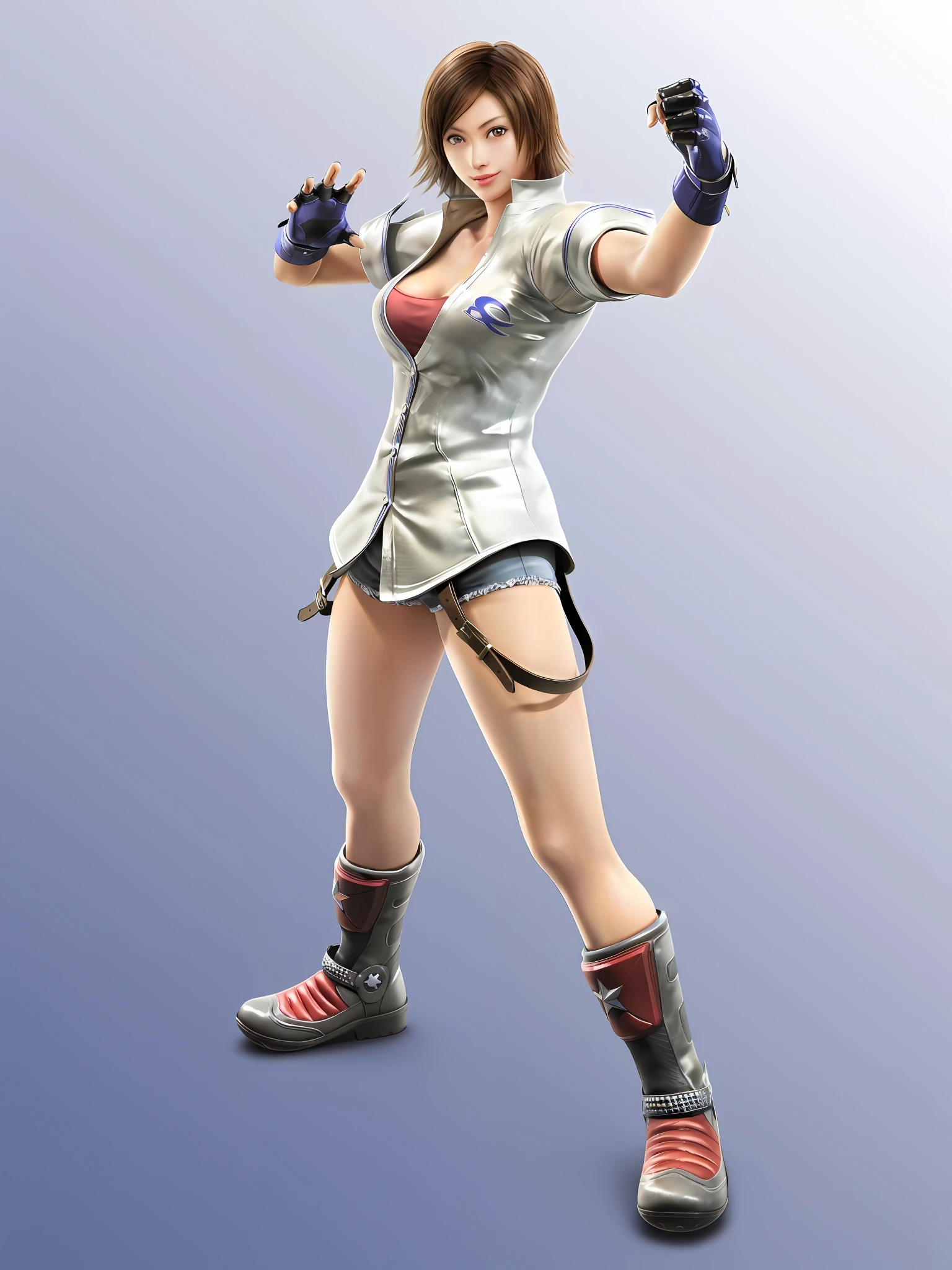 As Tekken characters, short skirts, denim shorts, boots women, fighting game characters, fighter poses, April renderings, Tekken characters, female protagonists, video game characters, HQ renderings, female protagonists 👀: 8, Asuka Kazama,
