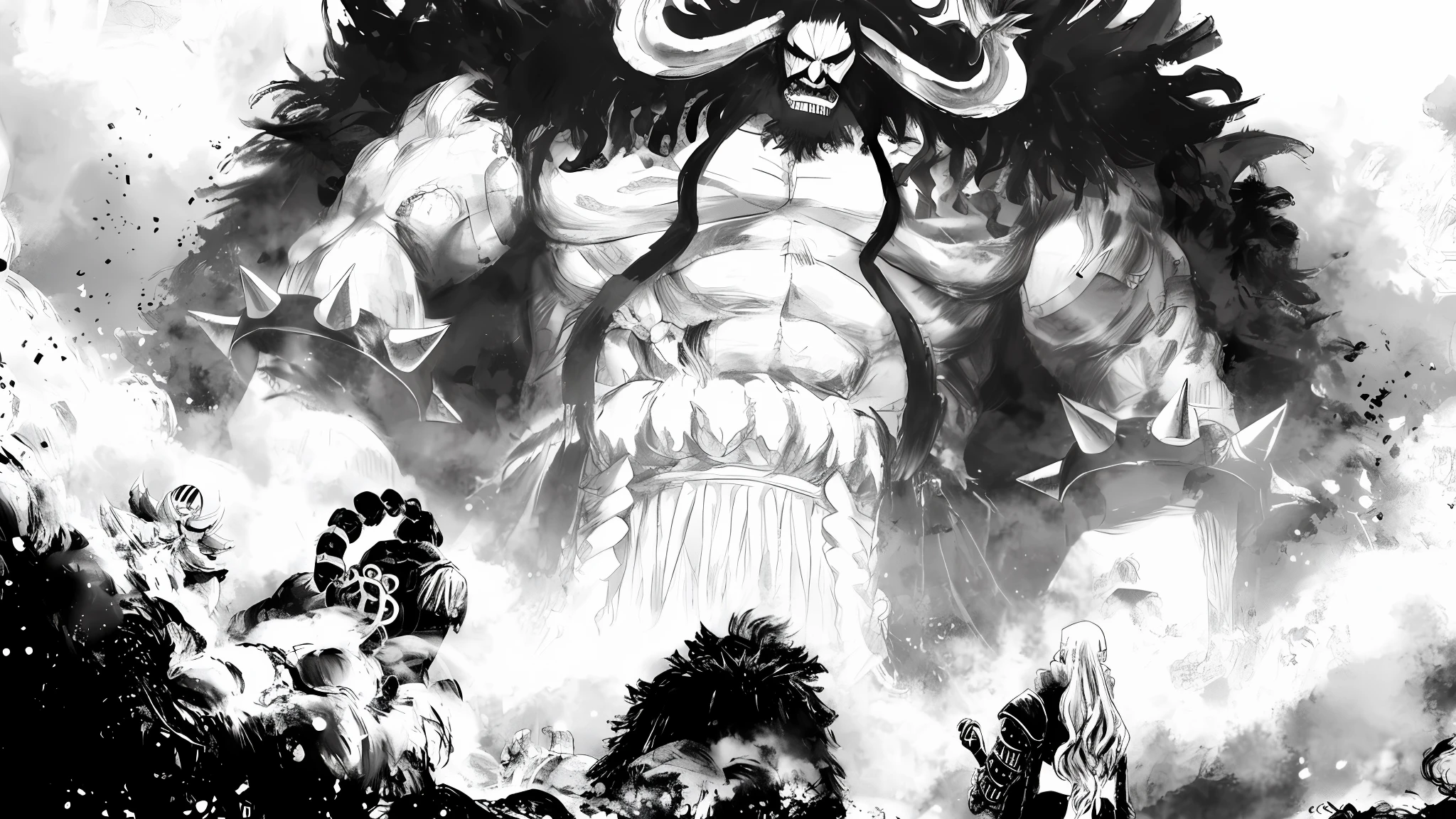 a black and white drawing of a demon surrounded by other demonic creatures, a massive celestial giant god, big titan creature in the center, luffy gear 5, from one piece, high detailed official artwork, official art, anime epic artwork, monochrome artwork!!, as an ugly titan, traditional japanese concept art, black and white manga page, detailed anime art, an giant evil --auto --s2