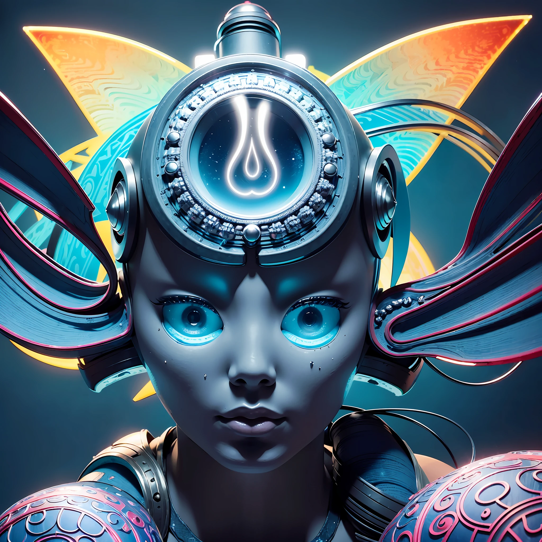 (kittybot shaman DMT aura with a transparent helmet with a protruding brain: 1.4), (metal wings: 1.2), (hyperloop car flask mask: 1.2), (kawaii cyberpop fractal art: 1.6), (Tobias Gremmler art style of fluid and dynamic forms: 1.6), (organic-geometric mix: 1.6), (the shaman's head reflects happiness as a mood and mind in surreal ways:  1.2), (mask creates motion and warping in light: 1.3), (ultra-high resolution: 1.4), (ray tracing illumination: 1.4), (subsurface scattering skin: 1.2), (particle effects: 1.4), (depth of field: 1.4), (geometric-dotist abstraction: 1.6), (generative fluid fractal algorithm: 1.6).