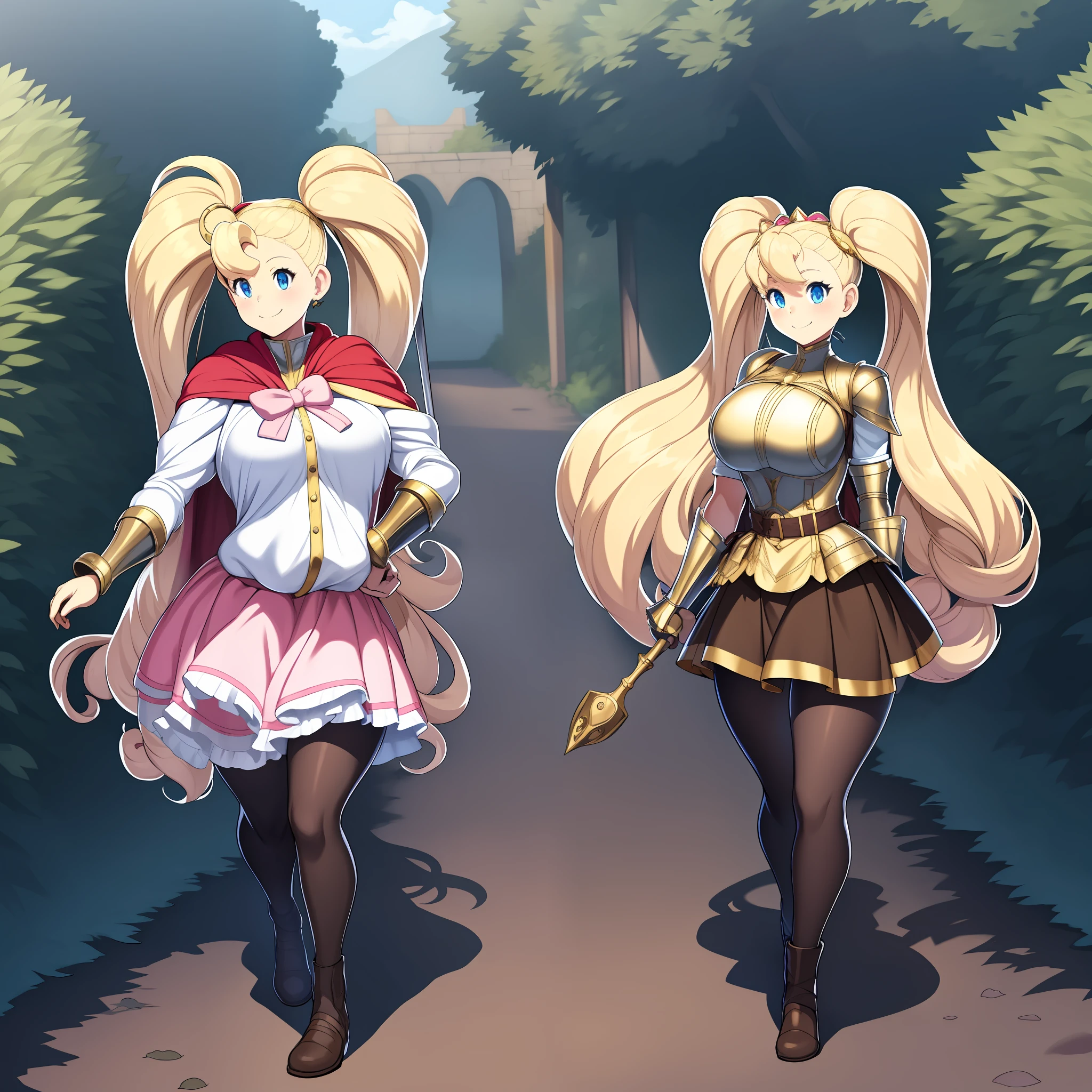 skirt vest, pantyhose, twintail, long hair, blond hair, knight, medium breast,honey lucmore,blue eyes,, walking, staff holding, cape,smile, 1character, 1girl, walking, magical girl,, solo focus, one character,