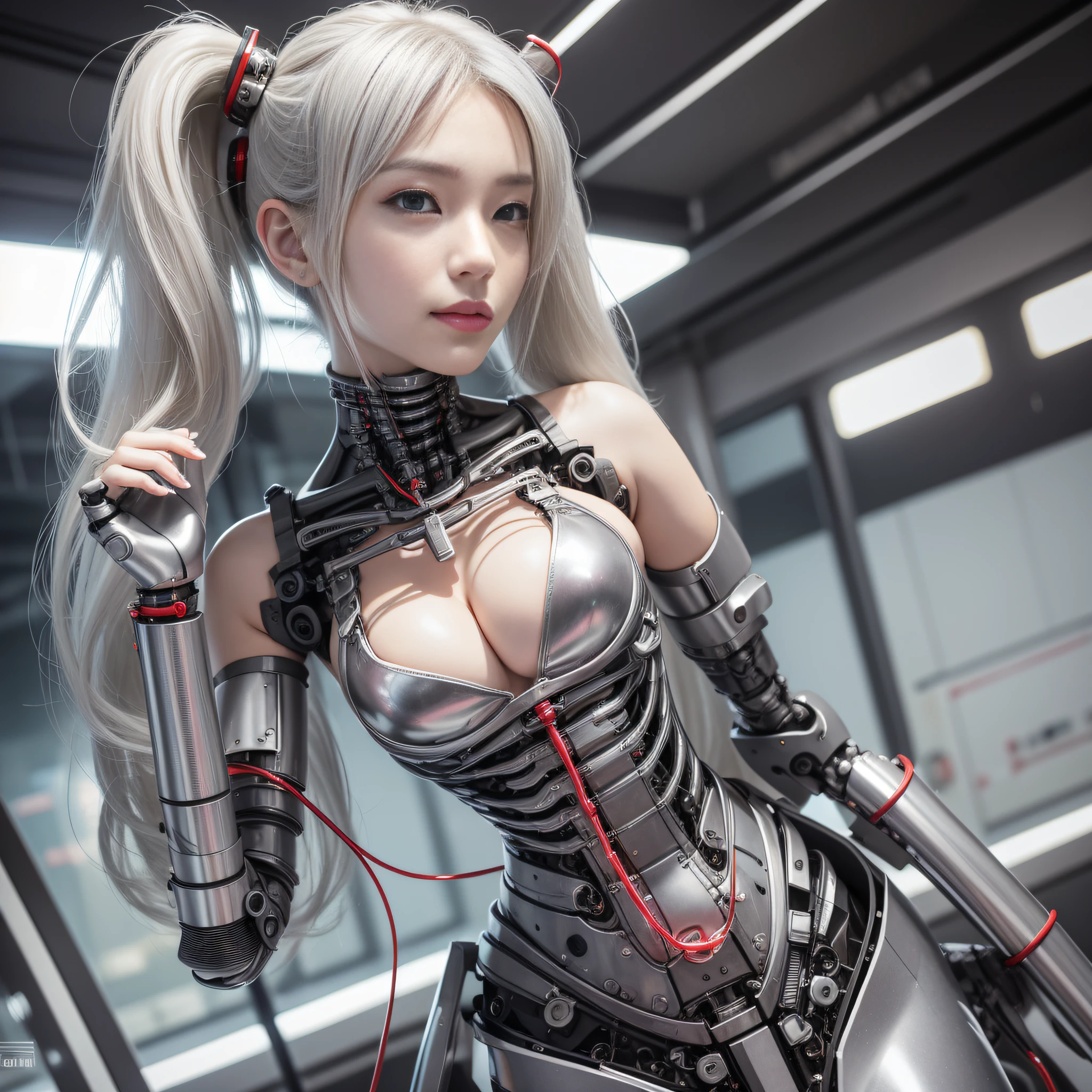 Beautiful Face,face is Japan, 1 Woman, Big, Curvaceous, (16k, RAW photo, top quality, masterpiece: 1.2), (HDR, Realistic, Photorealistic: 1.37) (tube attached to the body), (Bikini Cyborg robot parts)))), (light gray hair), Long hair, Wavy hair, Twin tails, Medium shot, ( Seductive smile)), (black eyes), princess cut,from below,(whole body),posing,,in the lab,( tube connected to blood vessel),((mechanical vertebrae attached to the back)),((mechanical neck attached to the neck)),(wire cable attached to the head and body),(character focus),science fiction,perfect female figure,perfect anatomy,ultraanatomy, Full body shot, up to 4 fingers and 1 thumb relationship,