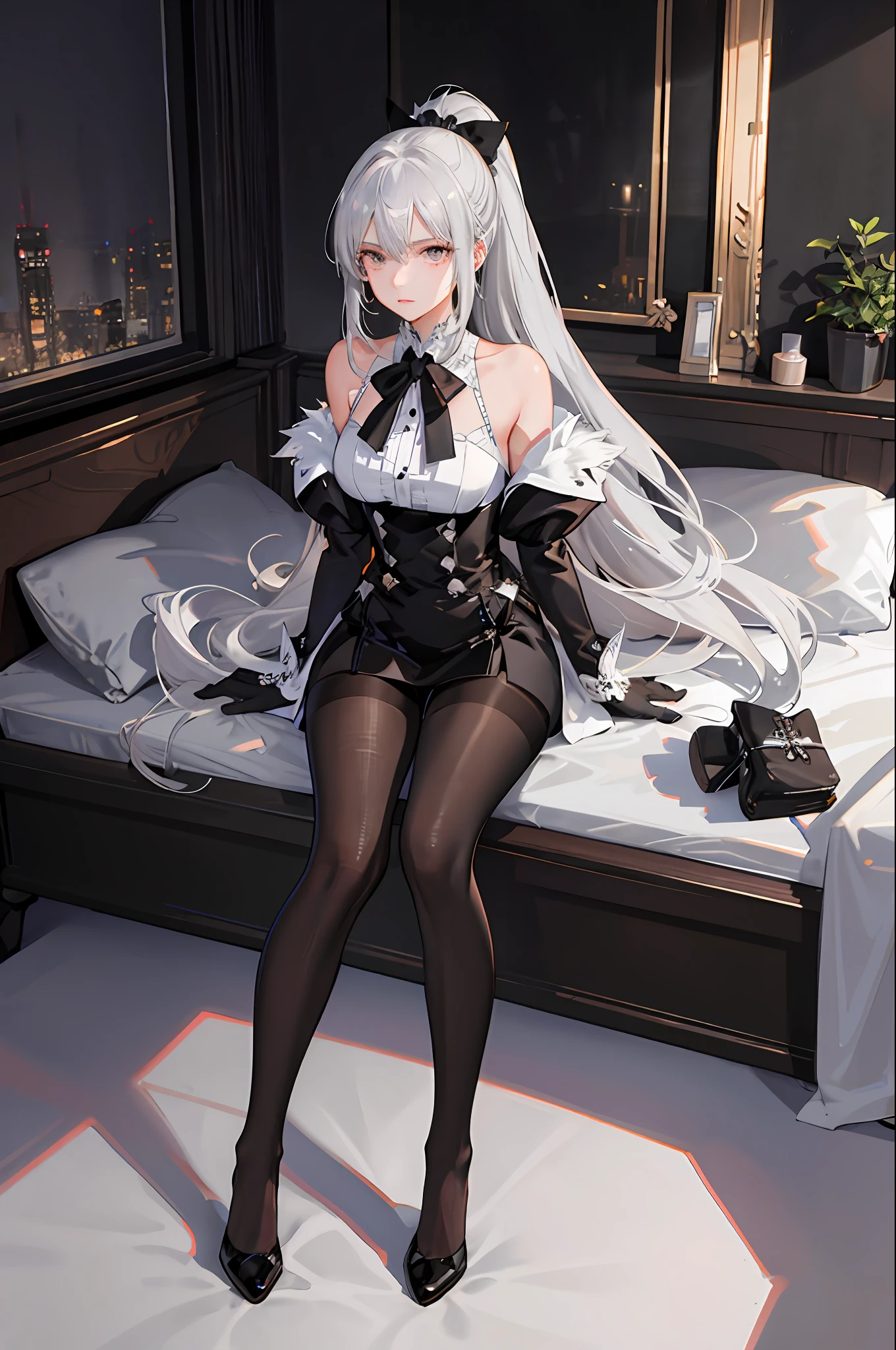 1 girl! , ray tracing, (dim lighting), [detailed background (bedroom), (silver hair), (silver hair) (fluffy silver hair, plump and slim girl) (with high ponytail) alone in the bedroom, blonde eyes (wearing intricately embroidered black high-waisted pants with pantyhose) and white ruffled bow gloves), showing a delicate slim figure and graceful curves, correct limbs! Sitting on the bed, the facial features are delicate! Pay attention to the details of the position of the legs! High quality