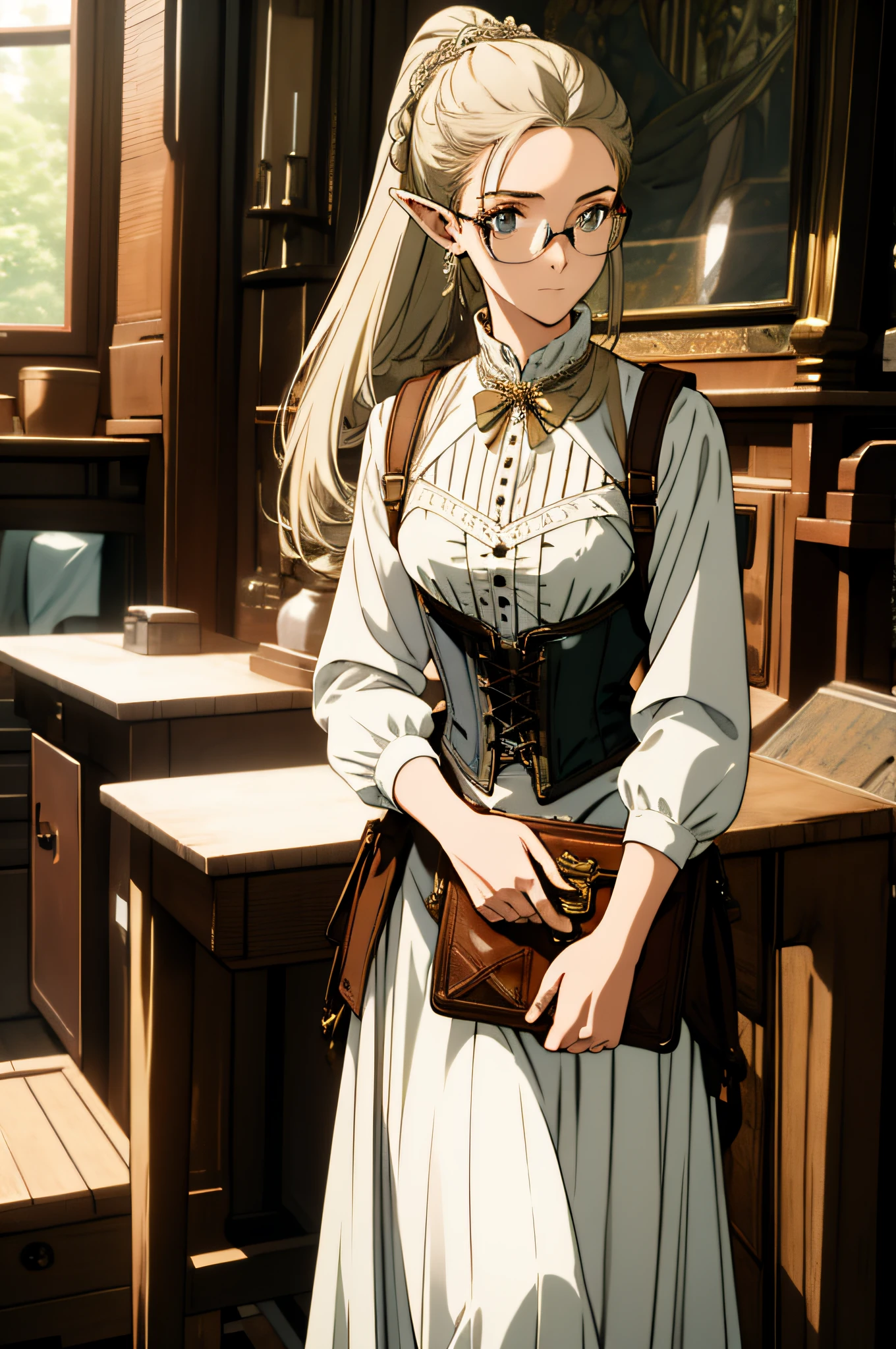 (masterpiece, best quality), intricate details, 1girl, elf, pointy ears, hair up, white buttonless shirt, corset, long skirt, pouches on waist, round glasses, workshop, atelier, harness, no buttons