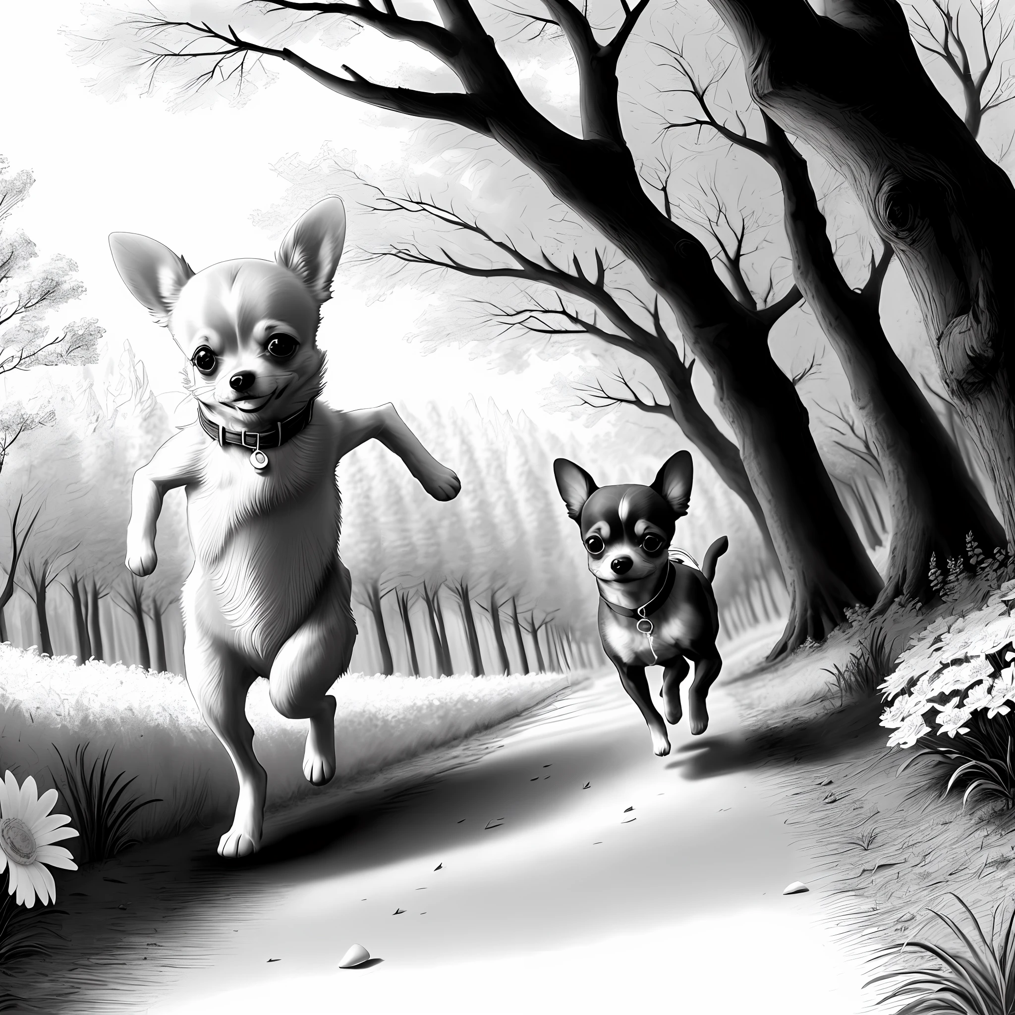 coloring page, no color, small cute chihuahua dog, running, environment is a forest with trees and flowers, sunny day