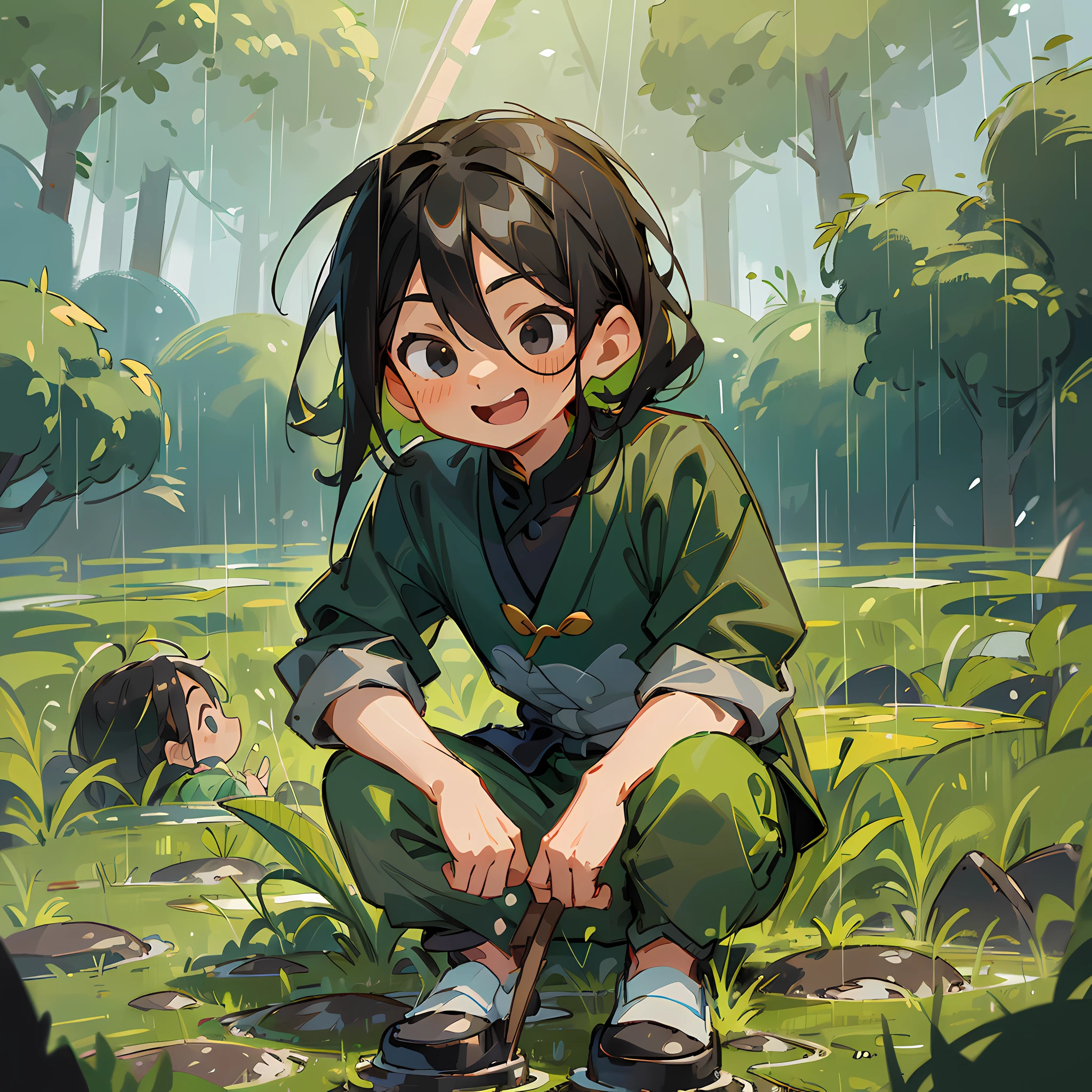 Masterpiece, high quality, men, children, black hair and black eyes, oil painting, Q version, green background, sunlight, Chinese children's clothing, squatting position, rice planting, rain, happy expression
