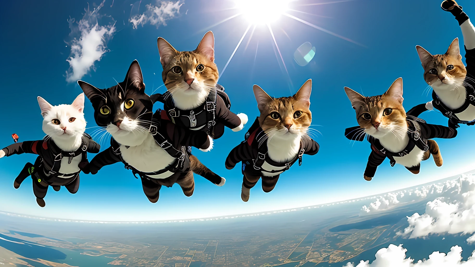 gopro footage of a group of badass cat skydiving, look at a camera, soft volumetric lights,