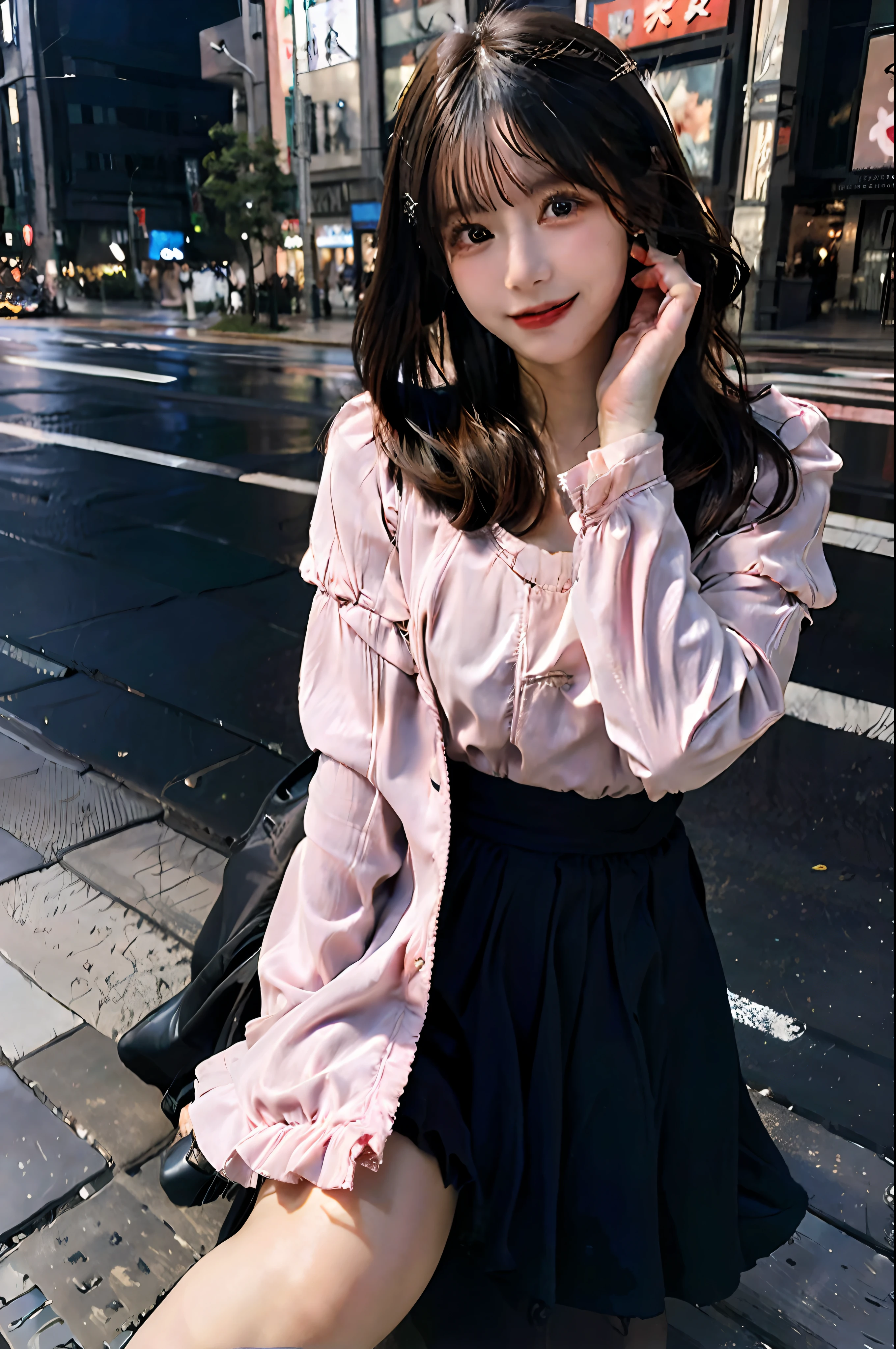 Best Quality, Masterpiece, Ultra High Resolution, 8K, Original, (Photo Realistic:1.4), Sharp Focus, 1 Girl, (Detailed background:1.5), (Tokyo Street:1.3), Full body, Medium body, Body leaning forward, cute, 18yo, laughing, Big dark eyes, Big breasts, Brunette hair, Sexy clothes
