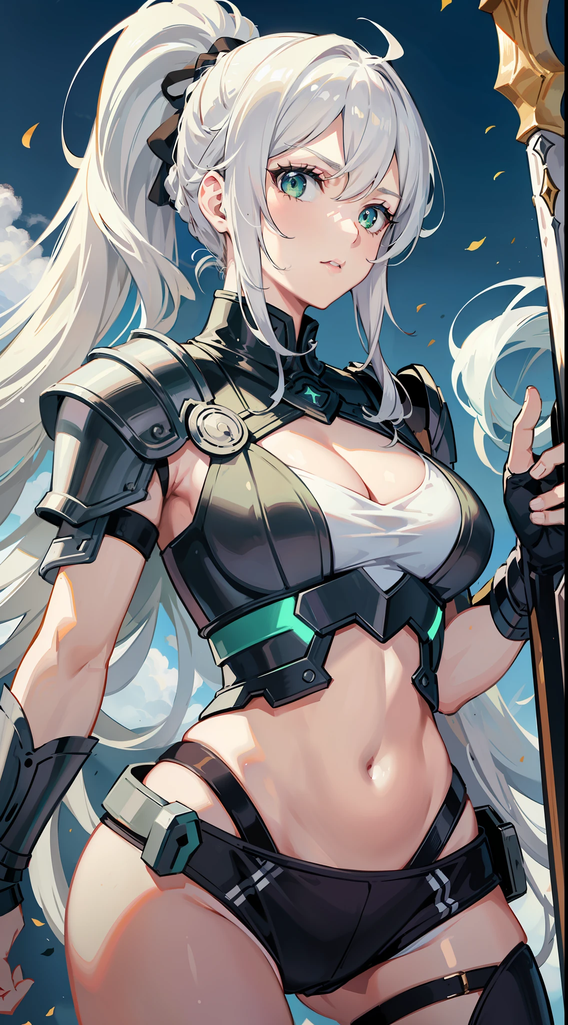 Adult woman, long white hair, high ponytail, green eyes, light armor, sleeveless, open belly, shield, spear, masterpiece, high quality