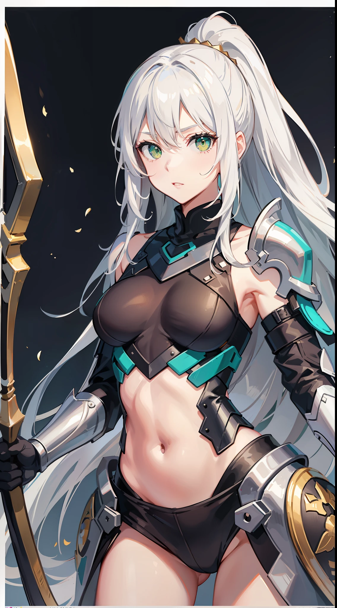 Adult woman, long white hair, high ponytail, green eyes, light armor, sleeveless, open belly, shield, spear, masterpiece, high quality