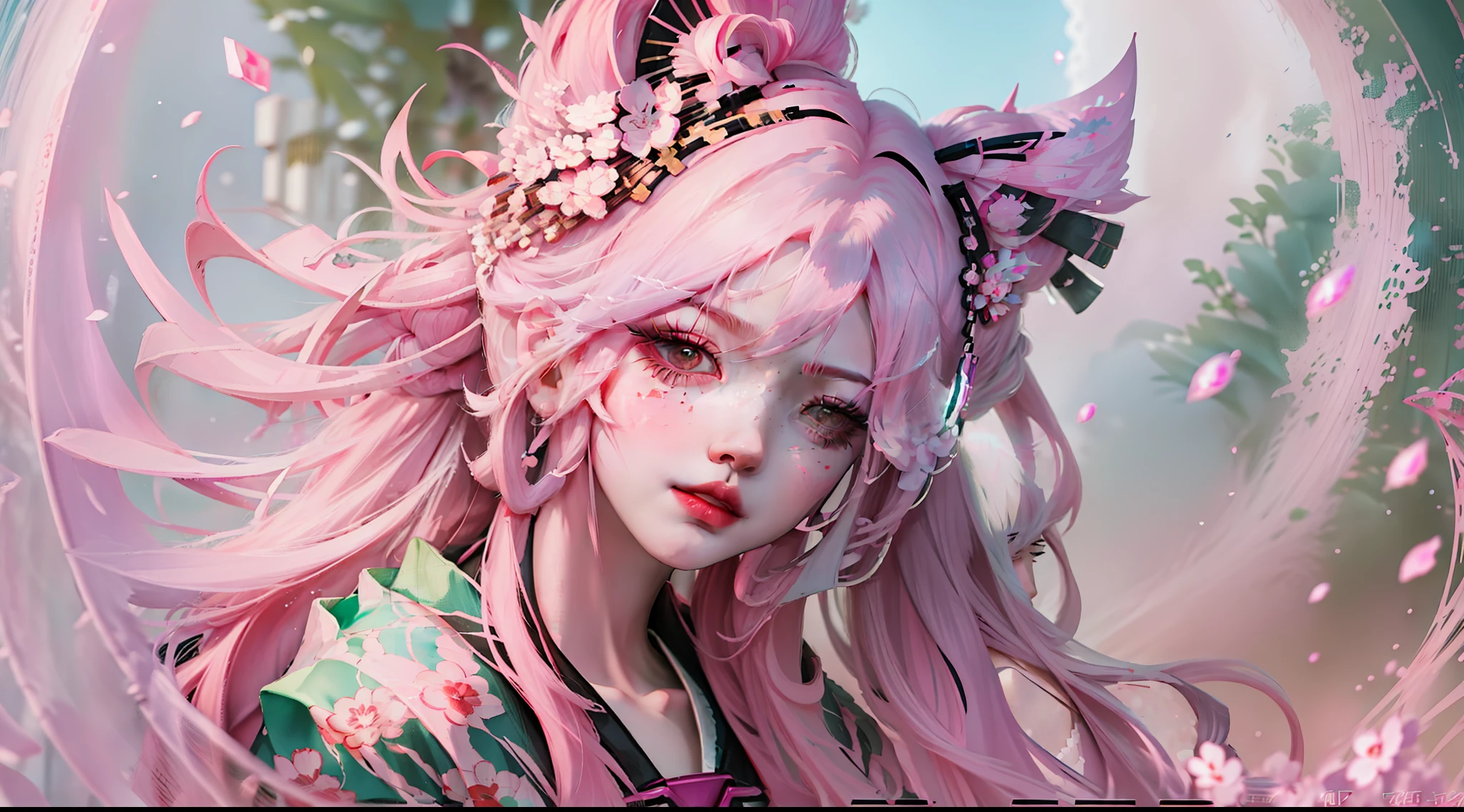 Anime Girl with long pink hair and white face and black eyes, Ayaka Genshin Impact, artistic renderings of Reimu Hakurei, Onmyoji Portrait, Ayaka Game Genshin Impact, Anime Moe Artstyle, Shalltear Bloodfallen, From the Azur Lane Videogame, Reimu Hakurei, Dreamy Psychedelic Anime, Detailed digital anime art.