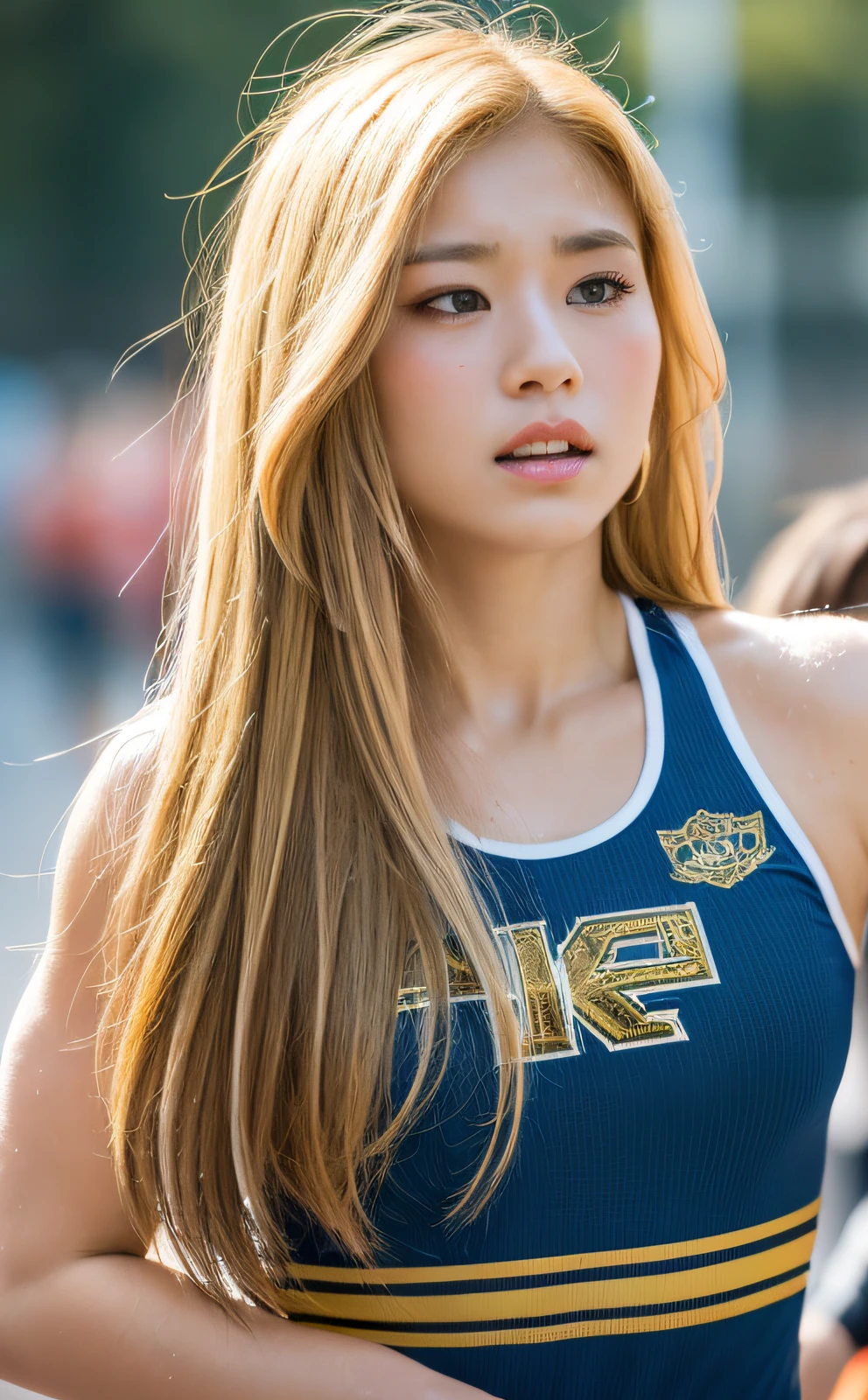 ((Top Quality, 8K, Masterpiece: 1.3)), Sharp: 1.2, Perfect Body Beauty: 1.4, Slim Abs: 1.2, ((Layered Hairstyle, Big: 1.2)), (Rain, Street: 1.2)), Wet: 1.5, Highly Detailed Face and Skin Texture, Detailed Eyes, Single Eyelids, Sides Looking at the Camera, Golden Hair, Wrestling, Portrait photo of hot woman wearing college wrestling singlet, professional wrestling, muscle, anger