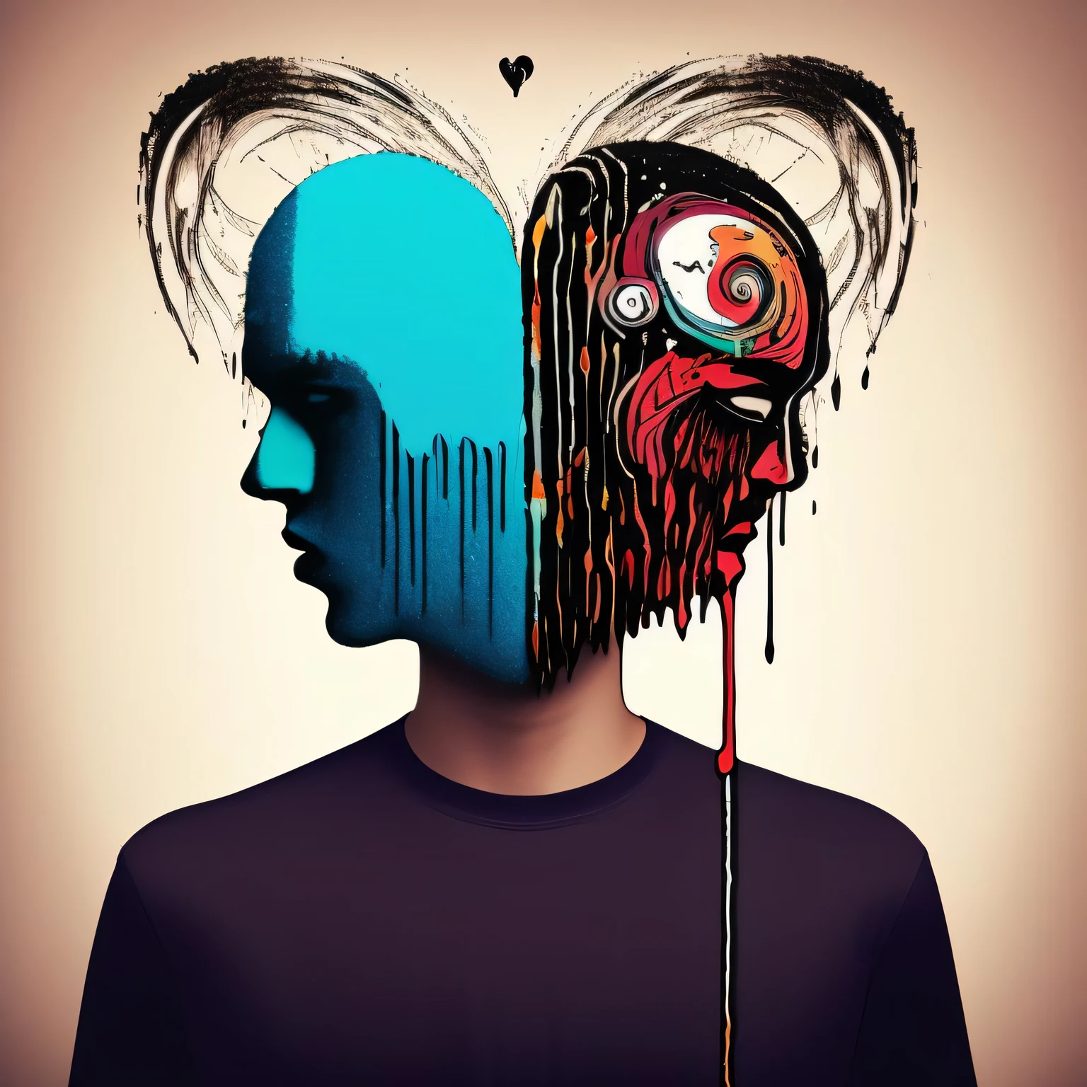 a conceptual drawing, half face half heart, paint dripping, masterpiece, Something
