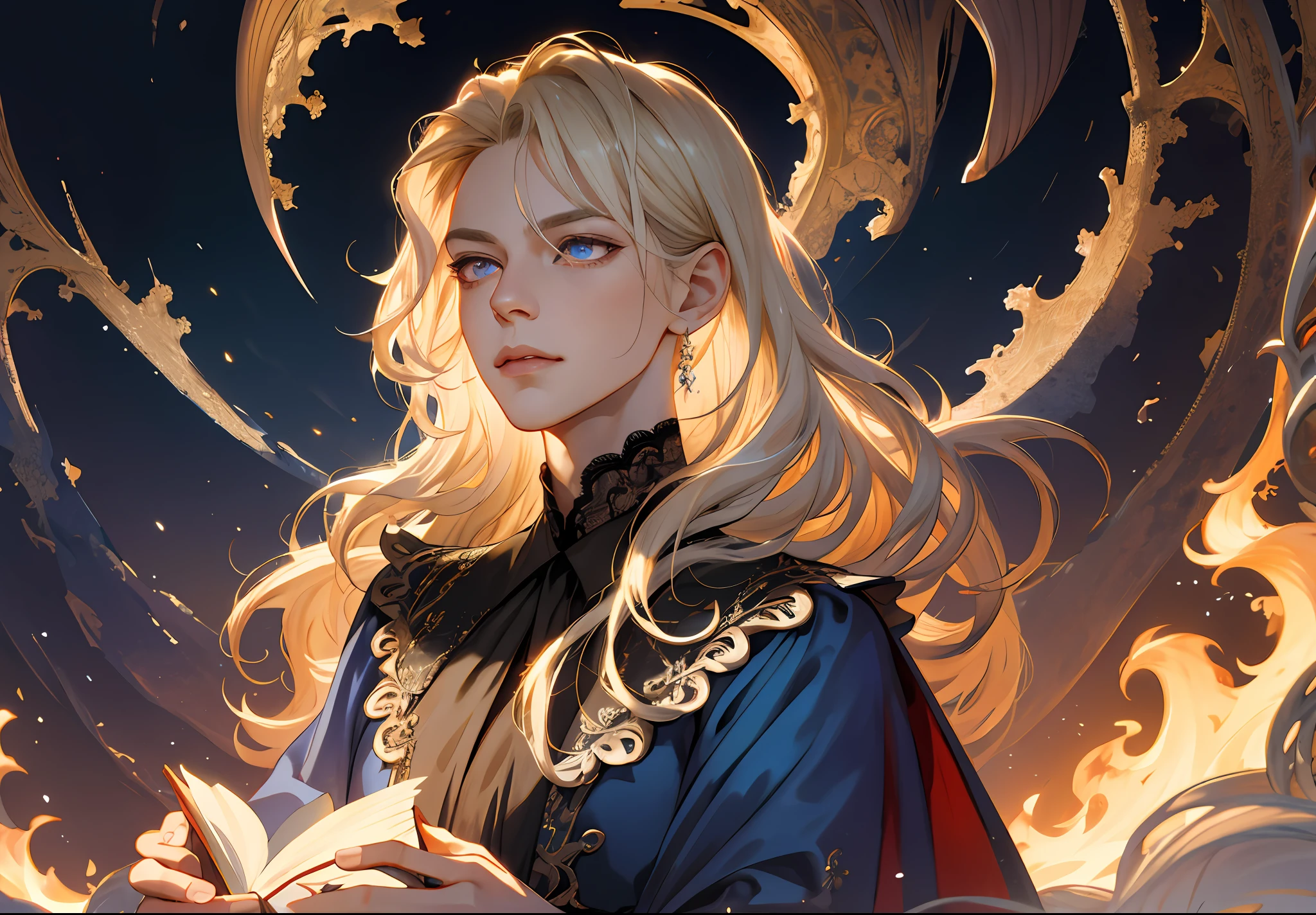 (absurdres, highres, ultra detailed), 1 male, young, femboy build, tall lean guy, shoulder length hair, curly blonde hair, wavy bob, platinum blond hair, ruby eyes, feminine face, dark gothic ouji male clothing, lace and frilly blouse, finely detailed eyes and detailed face, blushed face, extremely detailed CG unity 8k wallpaper, intricate details, (style-swirlmagic:0.8), portrait, looking up, solo, half shot, detailed background, sinister, focusing, pursed lips, holding a closed book, (color waves), fire in the background, blue colored cape, realistic fantasy, rim lighting