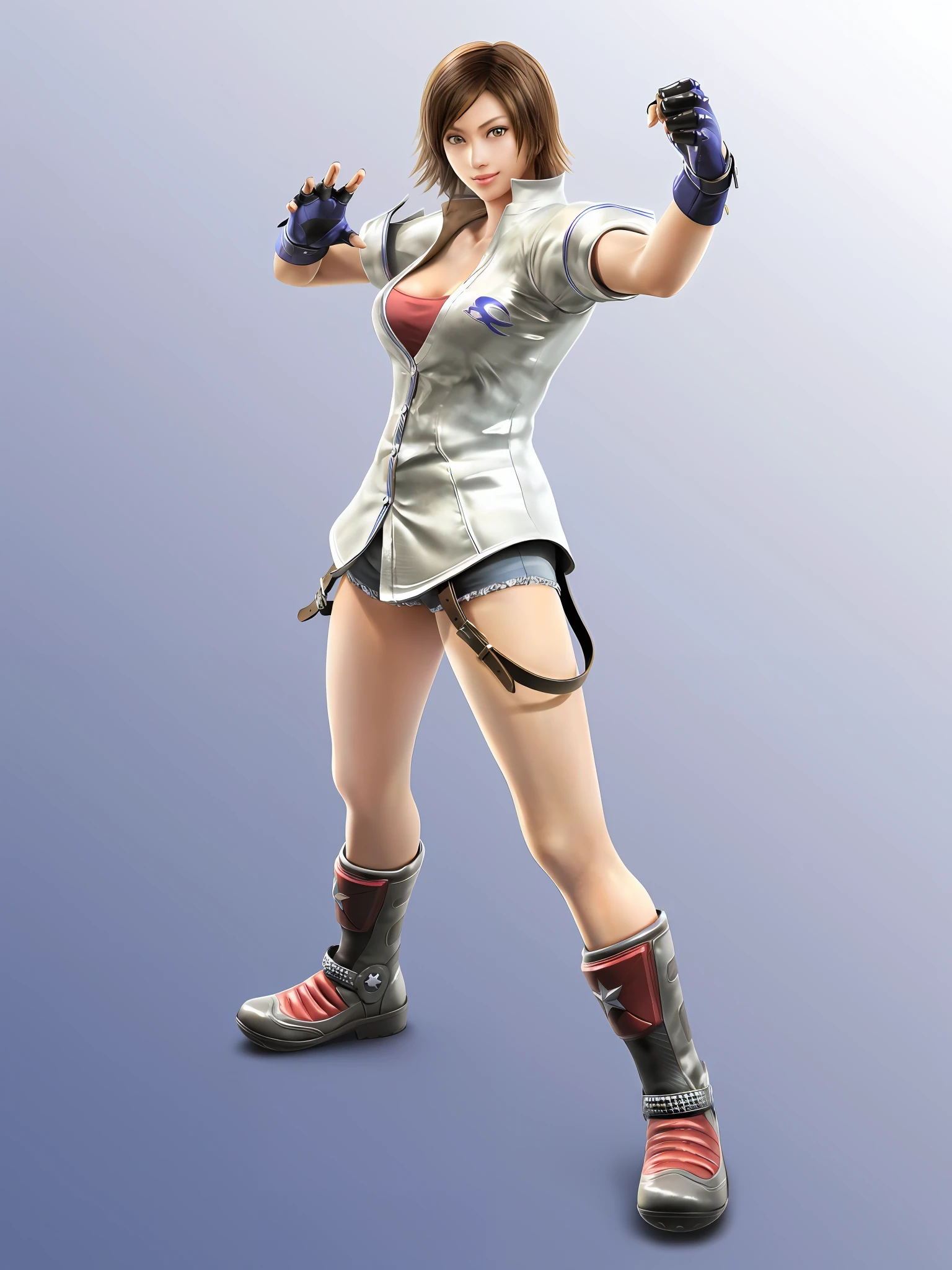 As Tekken characters, short skirts, denim shorts, boots women, fighting game characters, fighter poses, April renderings, Tekken characters, female protagonists, video game characters, HQ renderings, female protagonists 👀: 8, Asuka Kazama,