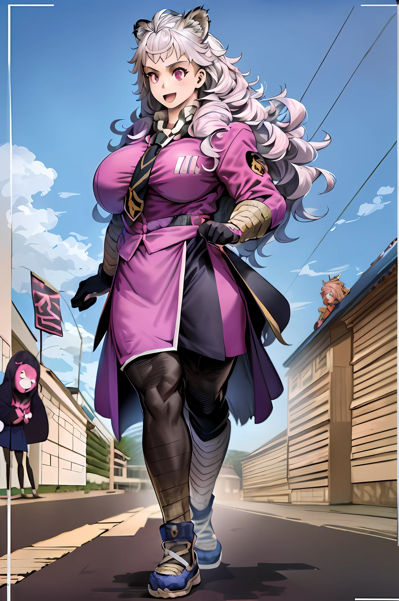 , tiger ears, tiger tails, martial art, medium chest, pink hair, skirt, jacket, godess,1girl,coat,walking, solo focus.1character, feet,goddess cloths,,caomei, village forest