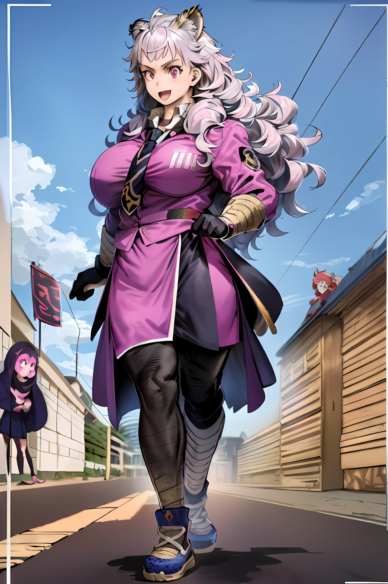 , tiger ears, tiger tails, martial art, medium chest, pink hair, skirt, jacket, godess,1girl,coat,walking, solo focus.1character, feet,goddess cloths,,caomei, village forest