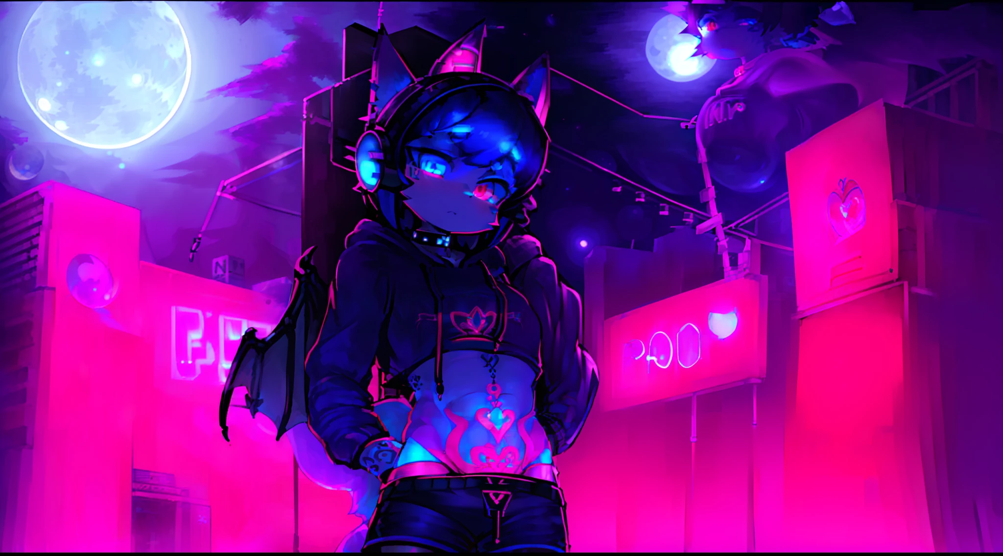 Black Fox, (White Body:1.3), (((masterpiece))), collar, (Dragon Wings:1.45), (headphones:1.4), short hair, black hair, blush, (headphones:1.55), ((Thigh High Socks, Femboy Clothing, Femboy Thigh Highs:1.2)), ((a blue eye left, a pink eyes right:1.55)), (((Femboy))), full body, ((womb tattoo, glowing tattoo:1.52)), ((guy look like women:1.52)), (fox tail:1.52), Full HD, 8K, ((short pant, Hoodie crop:1.52)), ((underwear:1.45)), ((full moon, blue moon:1.45)) public indecency, small breasts, (Trap:1.55),