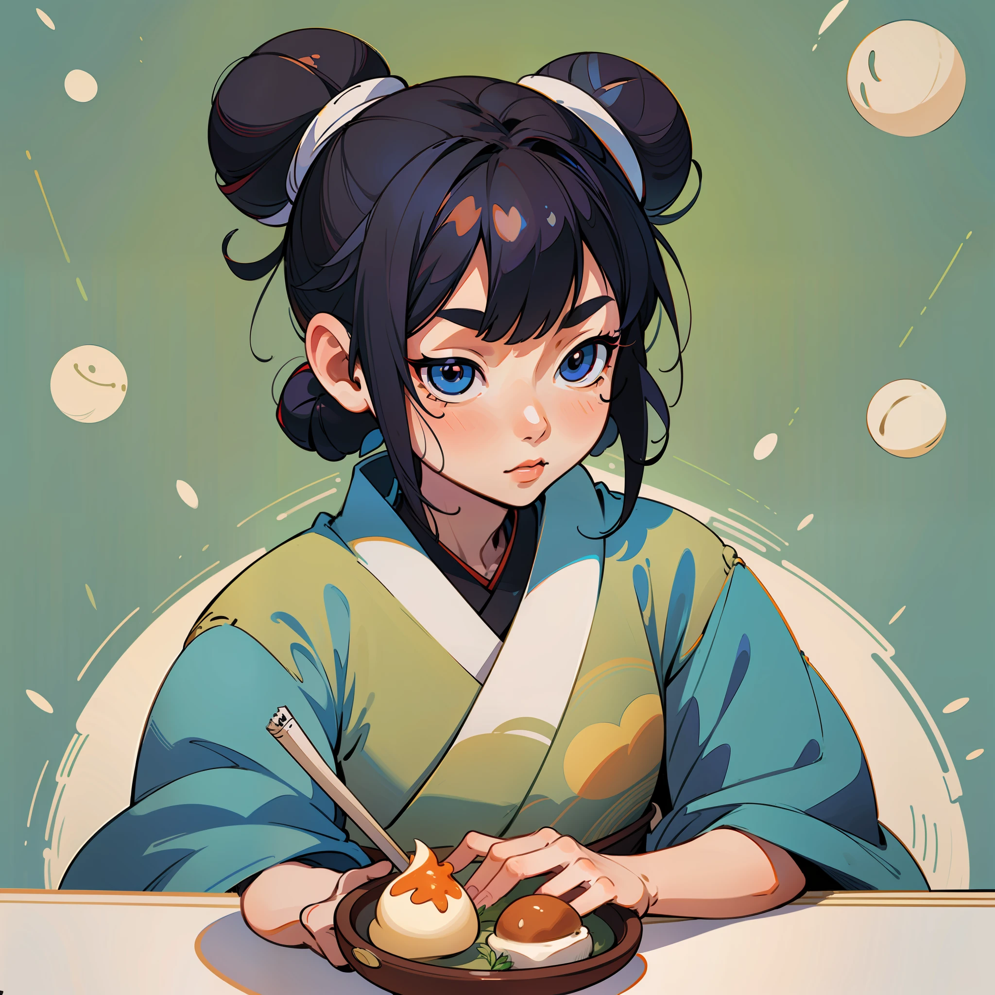 There is a man, Japanese style, simplicity, people make buns, food, minimalist style, illustration, high quality character design, vector illustration, front, close-up, IP, graphic design