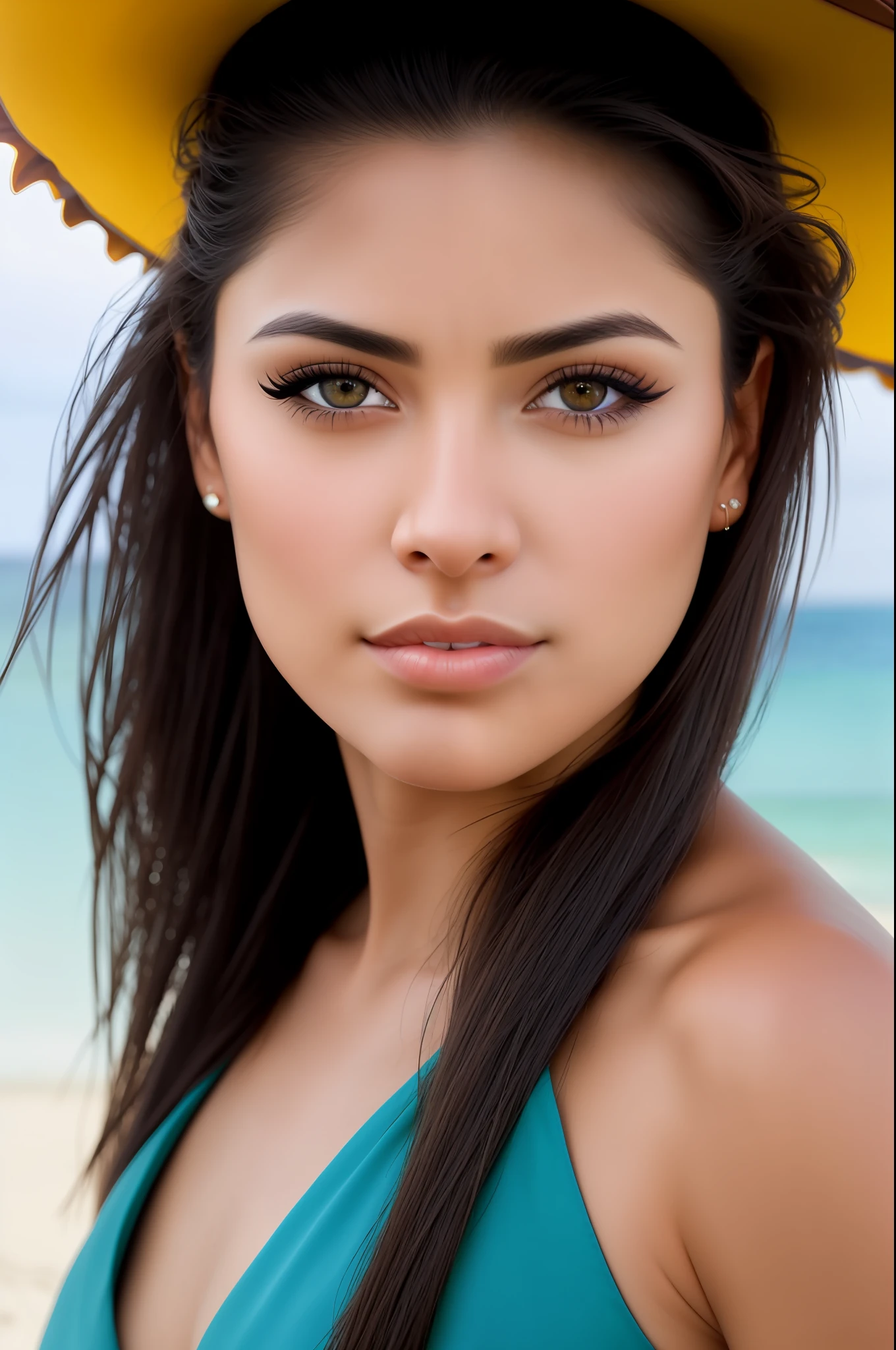 Mexican woman (sharp focus:1), photo, (beautiful face:1.25), detailed eyes, luscious lips, (cat eye makeup:0.45), wearing (bikini:0.35) on a (beach:1.15). depth of field, bokeh, 4K, HDR. by (James C. Christensen:1.2|Jeremy Lipking:1.1).