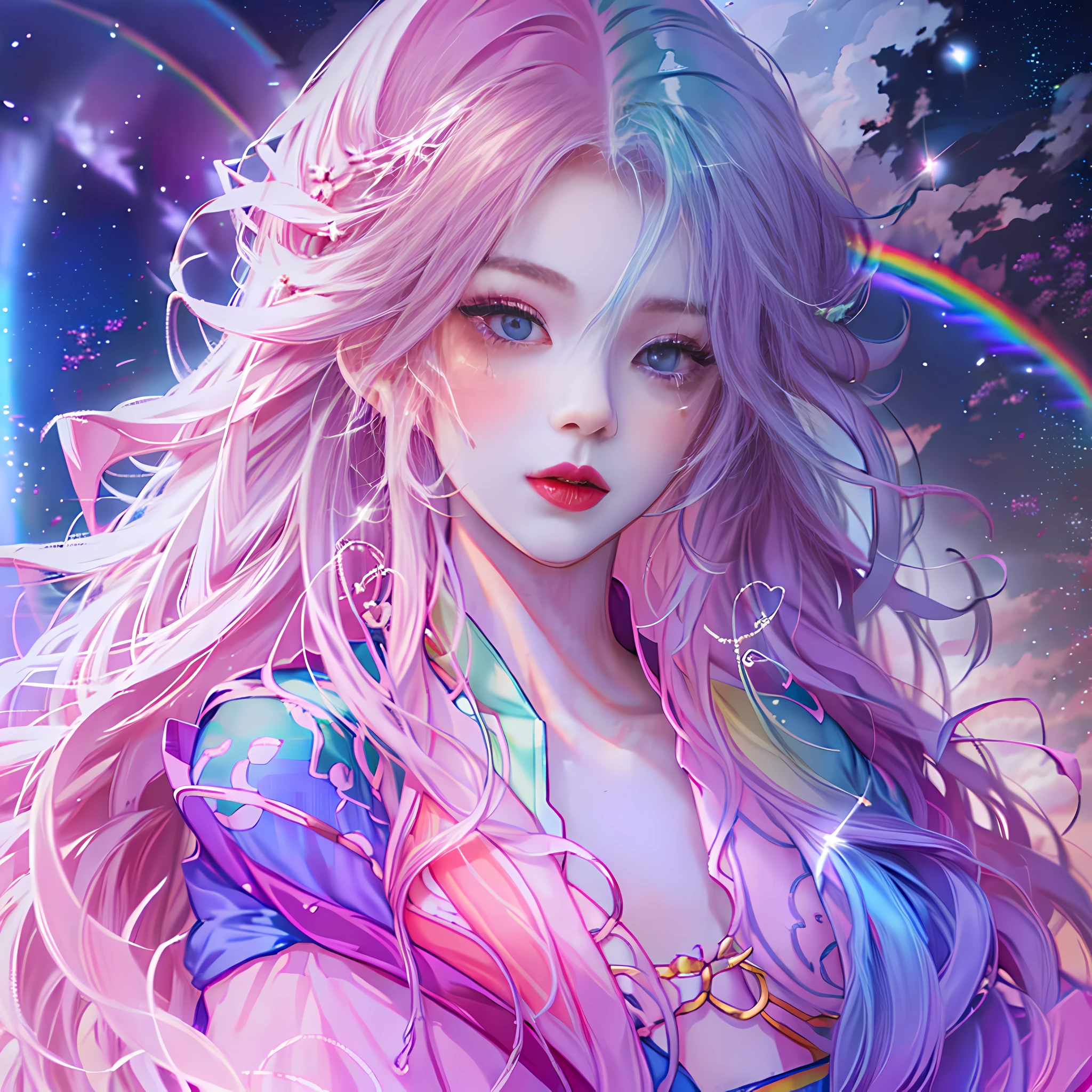 (Anime Girl + Long Hair + Portrait), (Color Hair + Rainbow: 1.5 + Cosmic Hair: 1.2), (Beauty + Fantasy + Anime Style), (8K Wallpaper: 1.2 + 4K Wallpaper: 1.1), (Anime Illustration + Art Style + Art Artwork)