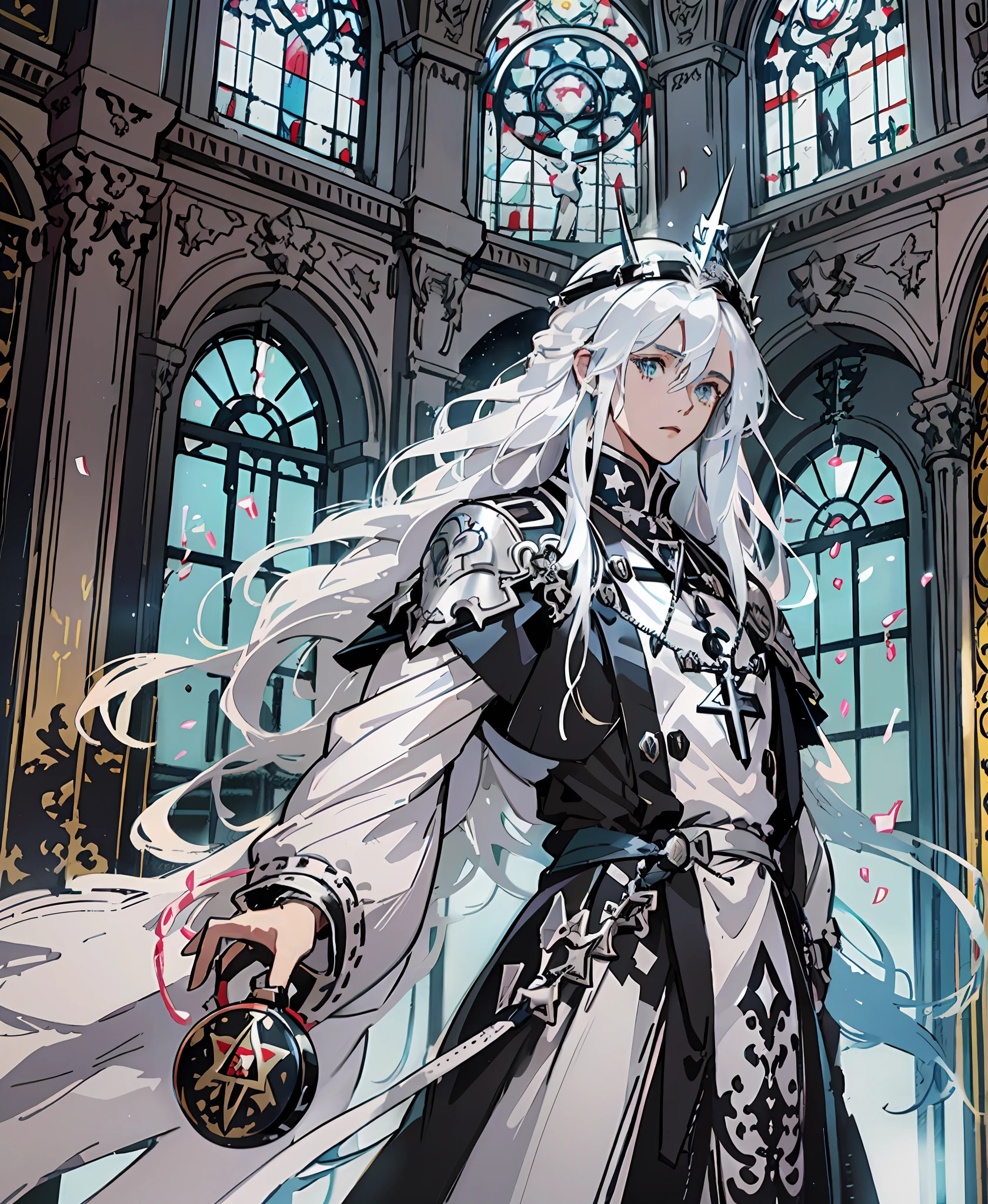 Anime characters standing in front of colored windows dressed in white, pictures of male popes, Guvez on Pixiv art station, dressed like pope, silver long-haired god, pope, pop on ArtStation Pixiv, Guweiz on ArtStation Pixiv, handsome guys from Arknights, Demon Slayer art, detailed key anime art, detailed anime character art
