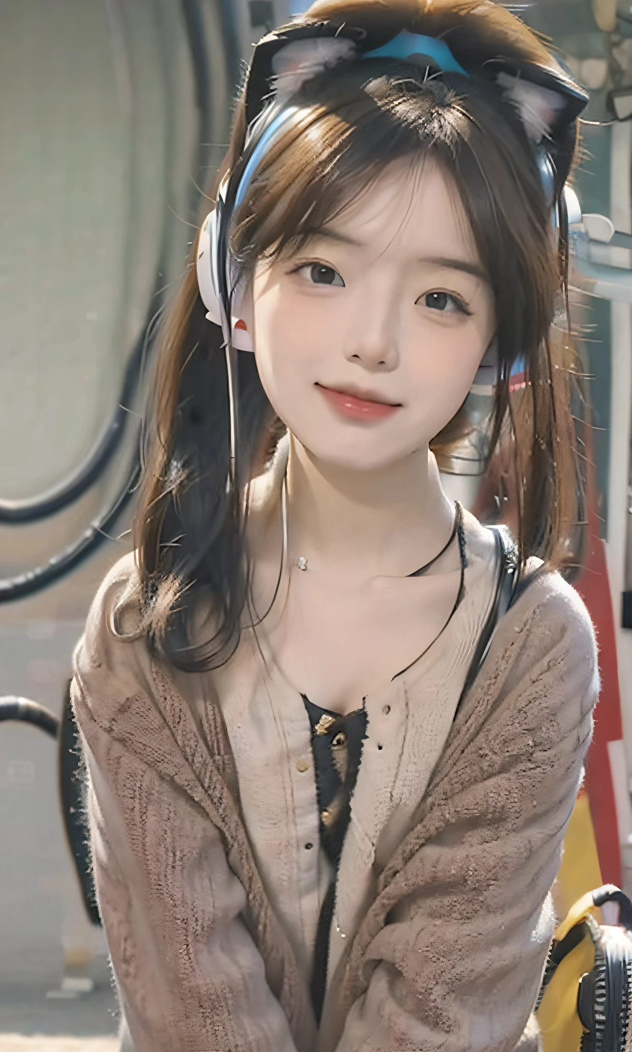 (8k, RAW photo, photorealistic:1.25) ,( lip gloss, eyelashes, glossy side, shiny skin, best quality, ultra high resolution, depth of field, chromatic aberration, caustic, wide light, natural shadow, Kpop idol) Watch the audience with tranquility and goddess-like happiness, longeyelashes, hair behind ear, low-tied long hair, blush, drunk, mouth hold, cat ear headphones, Surrealism, drop shadow, anaglyph, stereogram, tachi-e, pov, atmospheric perspective, 8k, super detail, ccurate, best quality, textured skin