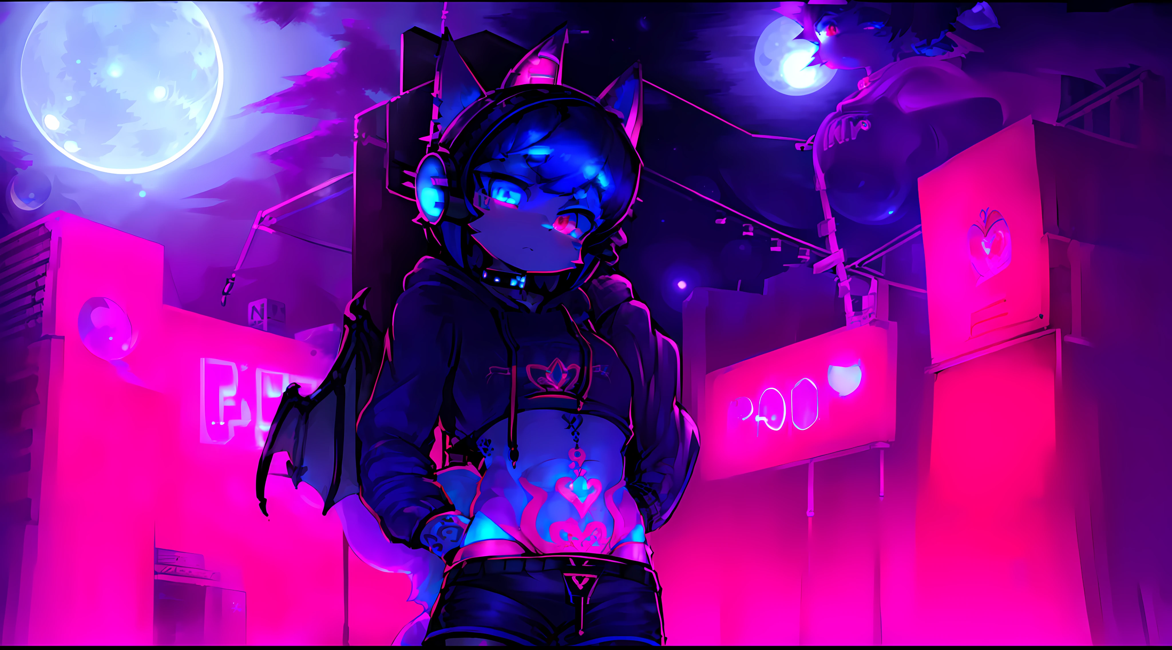 Black Fox, (White Body:1.3), (((masterpiece))), collar, (Dragon Wings:1.45), (headphones:1.4), short hair, black hair, blush, (headphones:1.55), ((Thigh High Socks, Femboy Clothing, Femboy Thigh Highs:1.2)), ((a blue eye left, a pink eyes right:1.55)), (((Femboy))), full body, ((womb tattoo, glowing tattoo:1.52)), ((guy look like women:1.52)), (fox tail:1.52), Full HD, 8K, ((short pant, Hoodie crop:1.52)), ((underwear:1.45)), ((full moon, blue moon:1.45)) public indecency, small breasts, (Trap:1.55),