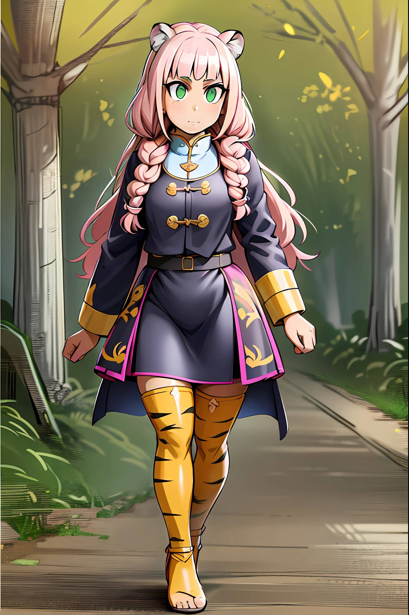 , tiger ears, tiger tails, martial art, medium chest, pink hair, skirt, jacket, godess,1girl,coat,walking, solo focus.1character, feet,goddess cloths,,caomei, village forest, nun ,priestess