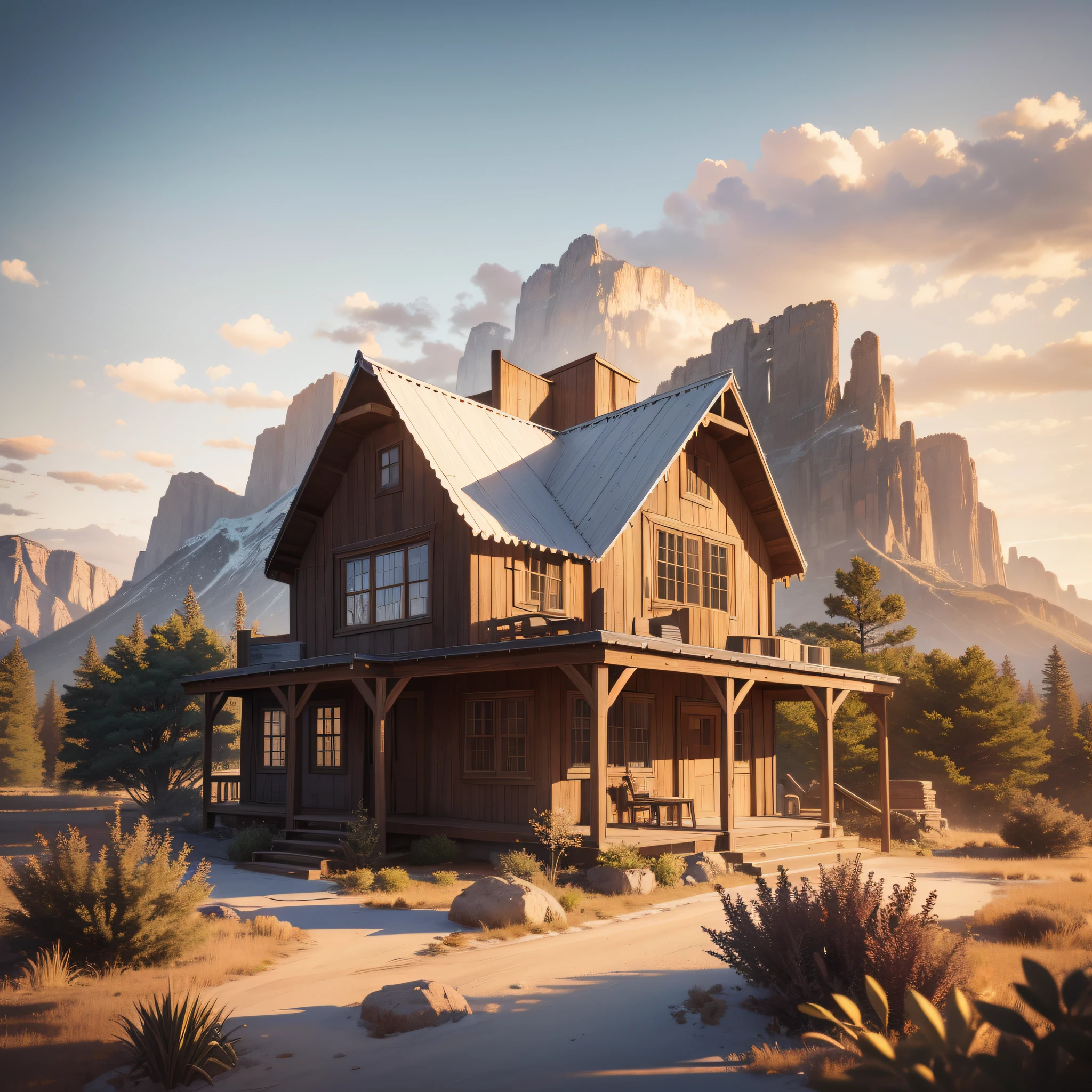 old american west style, old west house, sunset and mountain in background, white background, landscape, mountains, trees, perfect composition, beautiful detailed intricate intricate octane render trend at artstation