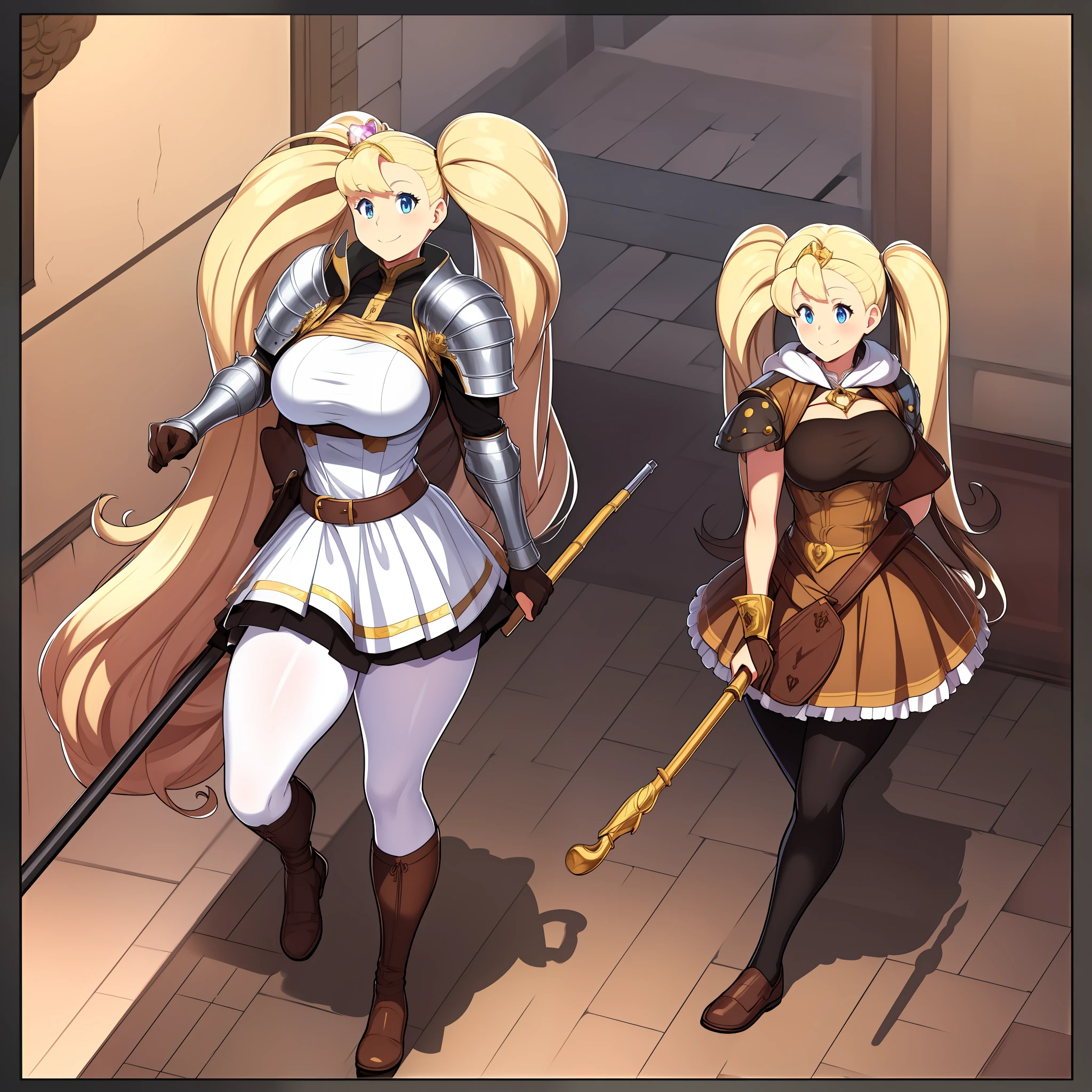 skirt vest, pantyhose, twintail, long hair, blond hair, knight, medium breast,honey lucmore,blue eyes,, walking, staff holding, cape,smile, 1character, 1girl, walking, magical girl,, solo focus, one character,