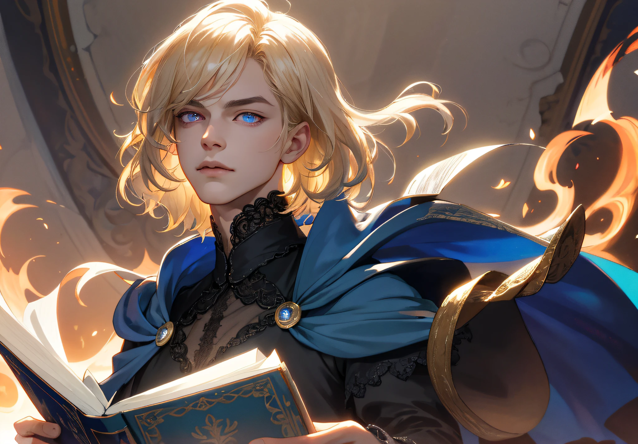 (absurdres, highres, ultra detailed), 1 male, young, femboy build, tall lean guy, shoulder length hair, curly blonde hair, wavy bob, platinum blond hair, ruby eyes, feminine face, dark gothic ouji male clothing, lace and frilly blouse, finely detailed eyes and detailed face, blushed face, extremely detailed CG unity 8k wallpaper, intricate details, (style-swirlmagic:0.8), portrait, looking up, solo, half shot, detailed background, sinister, focusing, pursed lips, holding a closed book, (color waves), fire in the background, blue colored cape, realistic fantasy, rim lighting