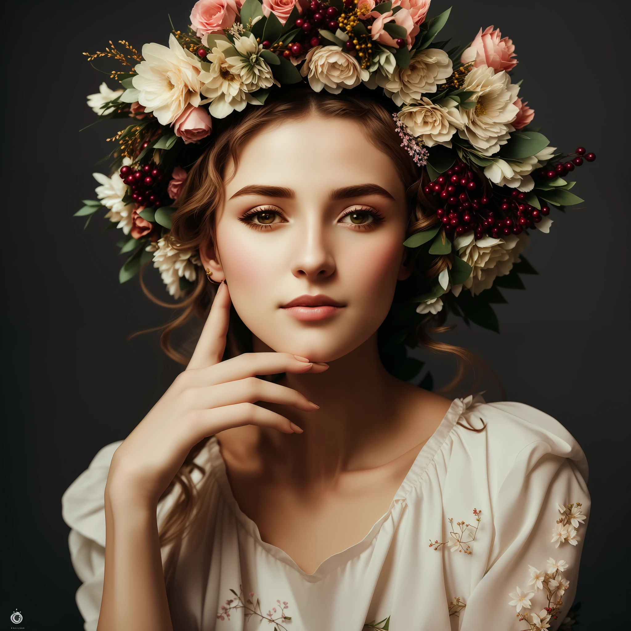 arafed woman with a wreath of flowers on her head, made of flowers and berries, beautiful portrait photo, beautiful portrait image, she has a crown of flowers, 8k artistic portrait photography, the flower crown, high quality portrait, floral crown, flower queen, beautiful portrait, female portrait with flowers, flower crown, made of flowers, romanticism portrait