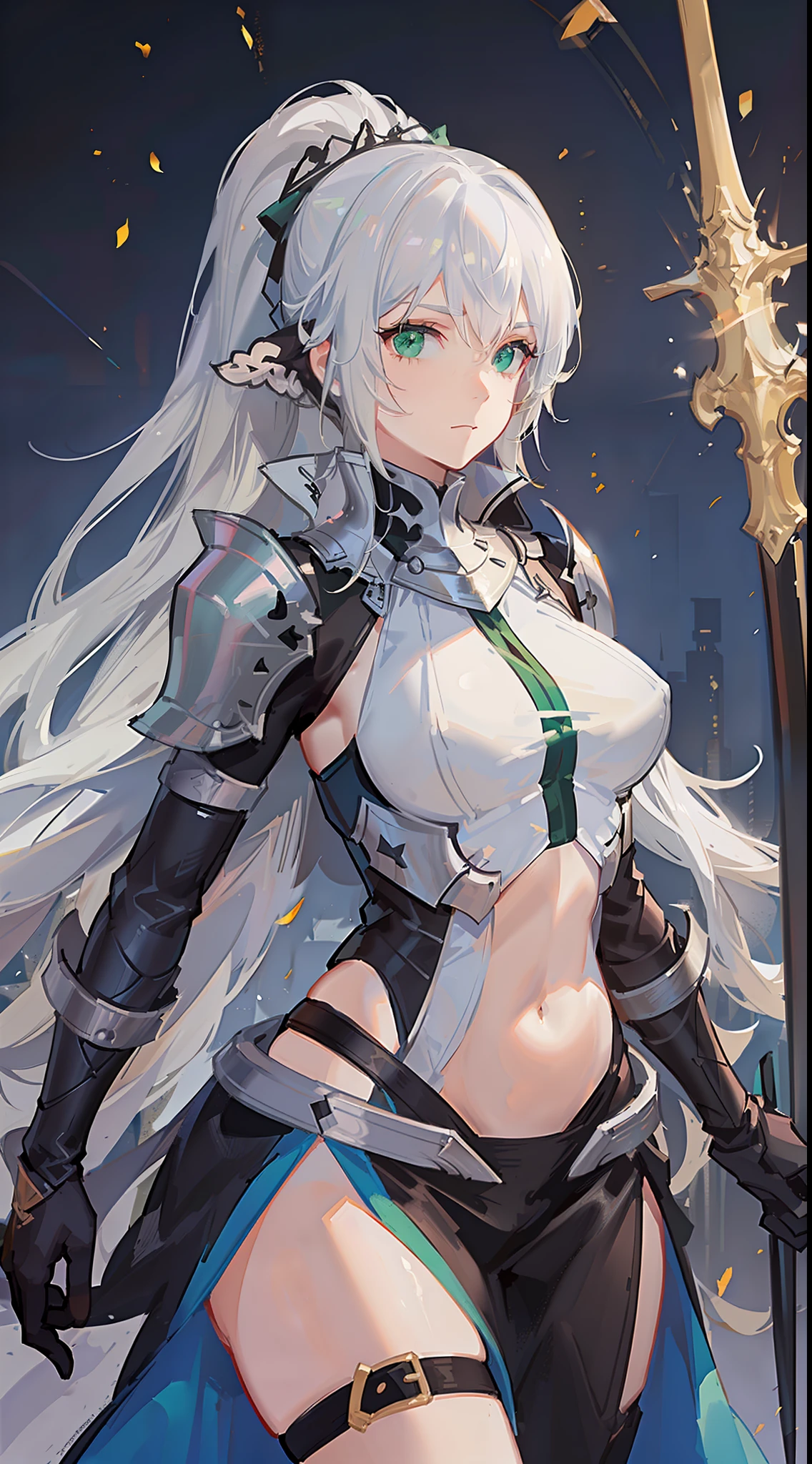 Adult woman, long white hair, high ponytail, green eyes, light knightly armor, sleeveless, open belly, shield, spear, masterpiece, high quality