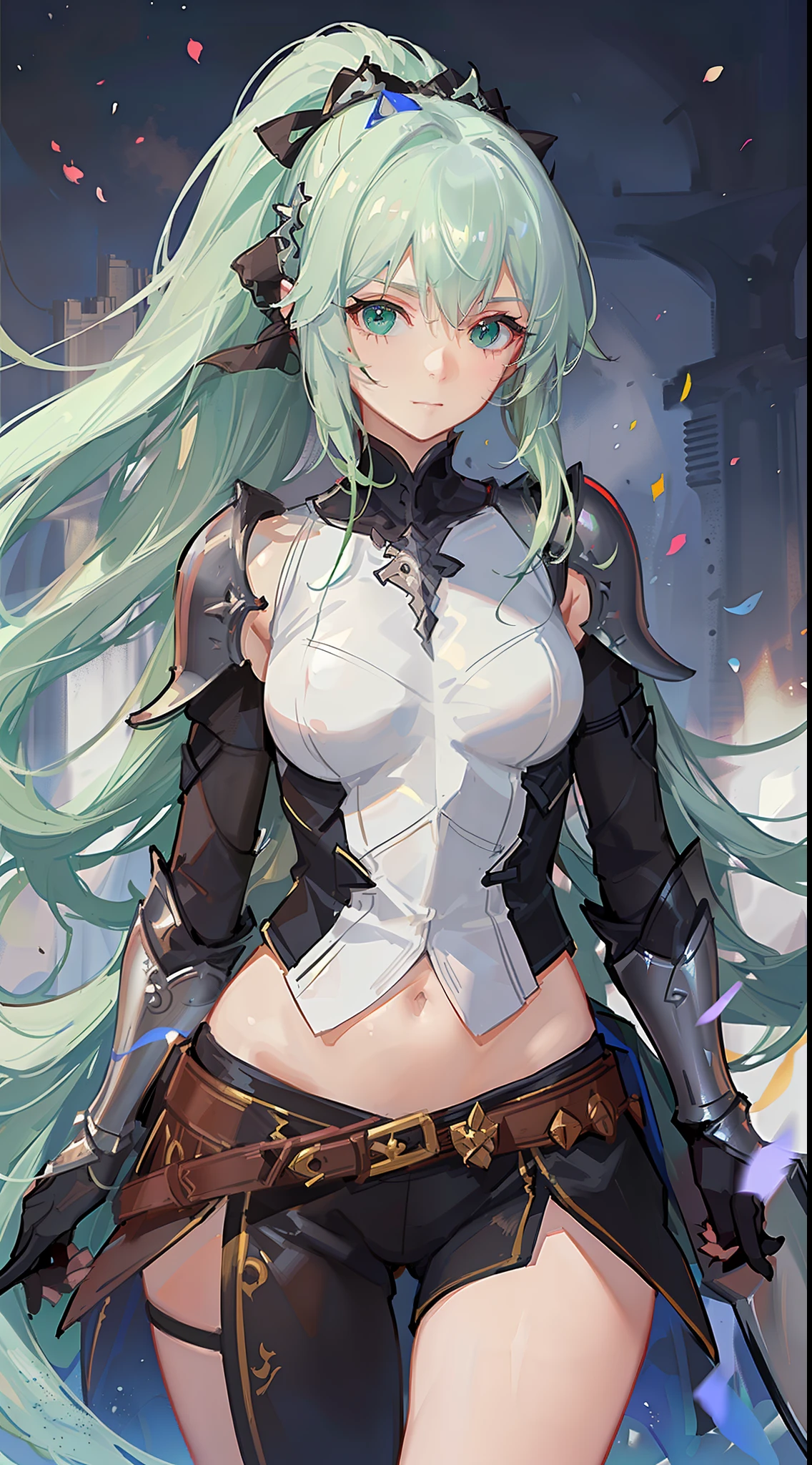 Adult woman, long white hair, high ponytail, green eyes, light knightly armor, sleeveless, open belly, shield, spear, masterpiece, high quality
