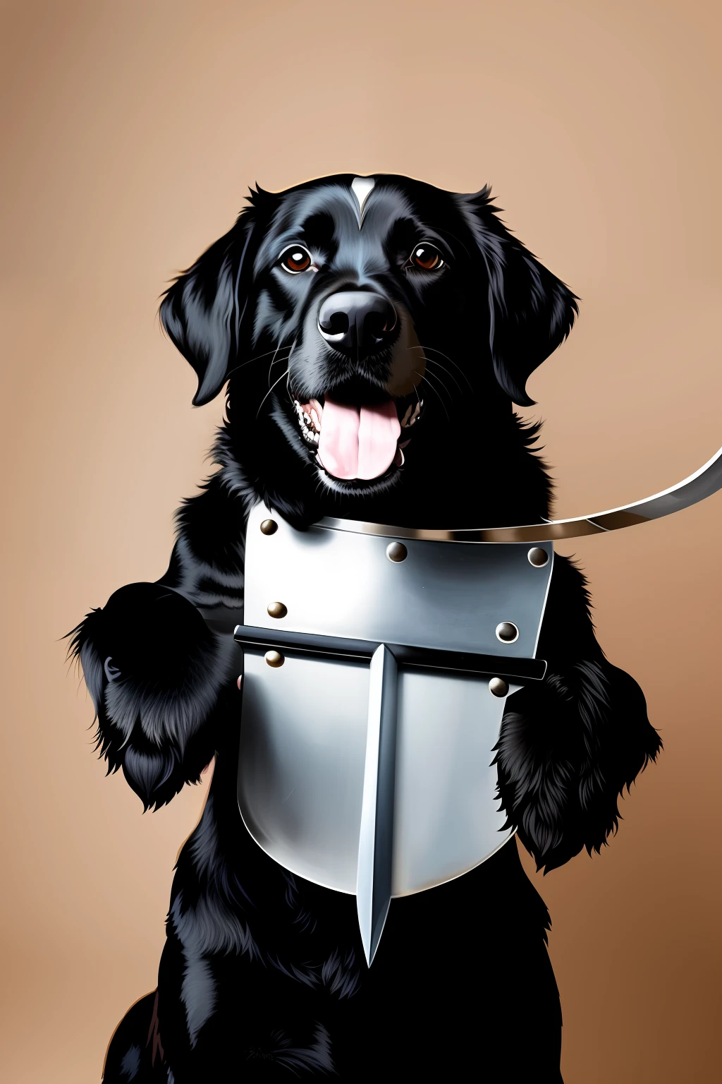 Dog holding sword with mouth