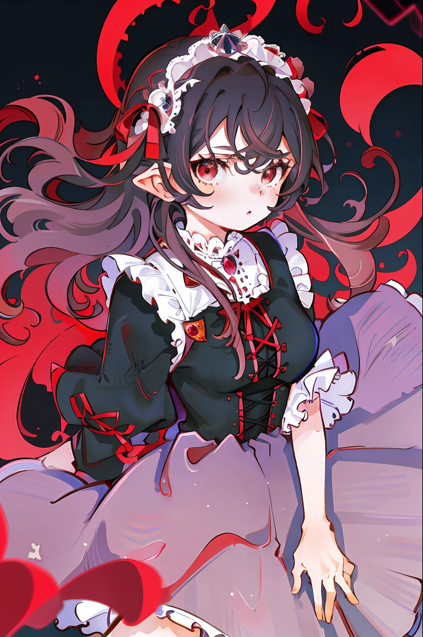 (1girl:1.2), slight blush, wavy hair, black hair, fluffy hair, capelet, lace trim, lace, frills, lolita, bodice, sharp eyes, curly hair, simple background, gothic lolita, black and red blouse, extremely detailed, beautiful background, depth of field, cinematic lighting, Ghibli-like colours, high detail, wind blow, lolita clothes, 8k, bokeh, award winning, (masterpiece:1.3), best quality, anatomically correct, perfect hands, red eyes, demon girl