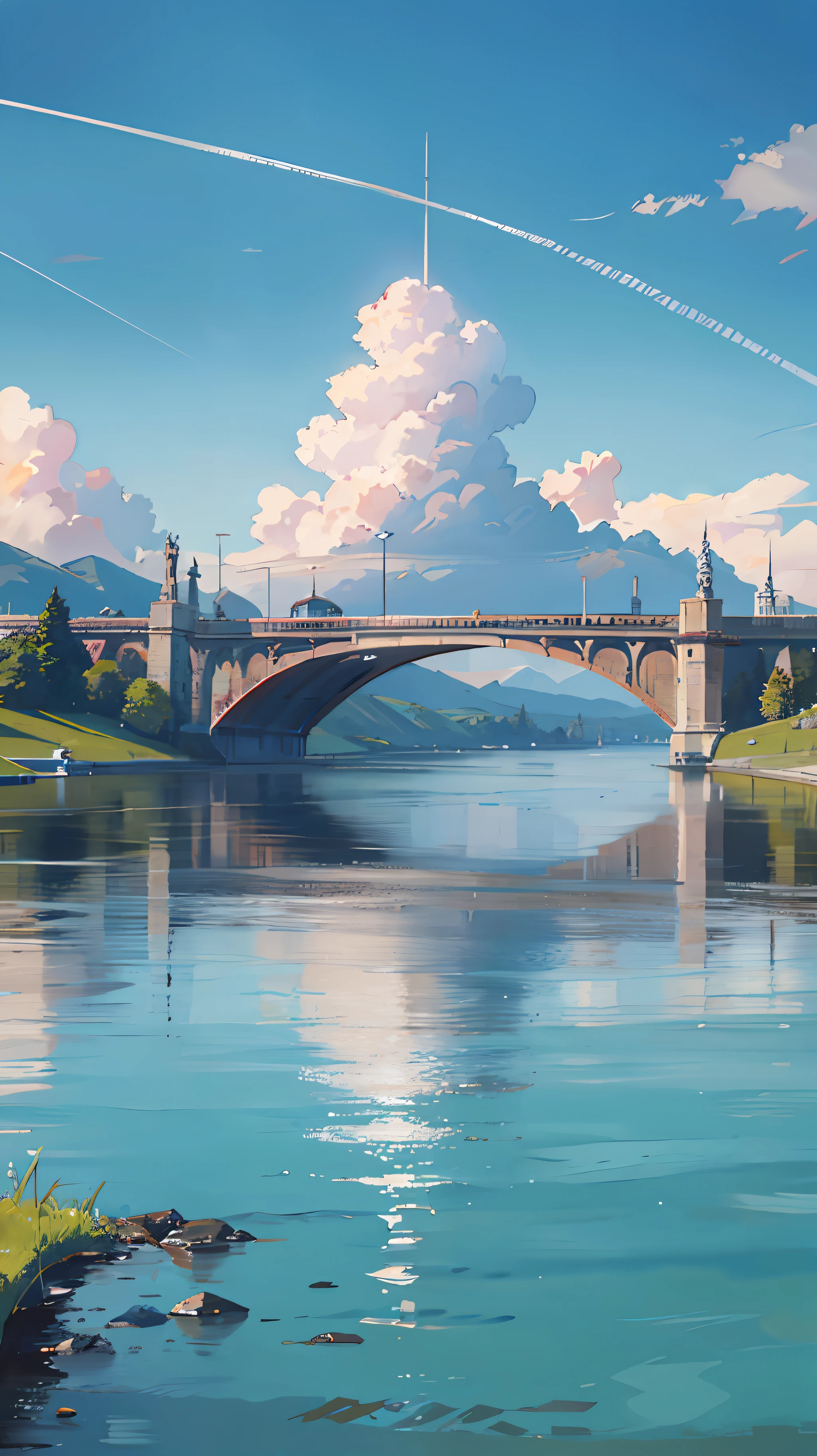 no humans, scenery, vanishing point, from below, masterpiece, best quality, 8k, absurdres, water surface, summer, noon, sunlight, blue sky, perspective, depth of field, highres, finely detail, ultra-detailed, sharp focus