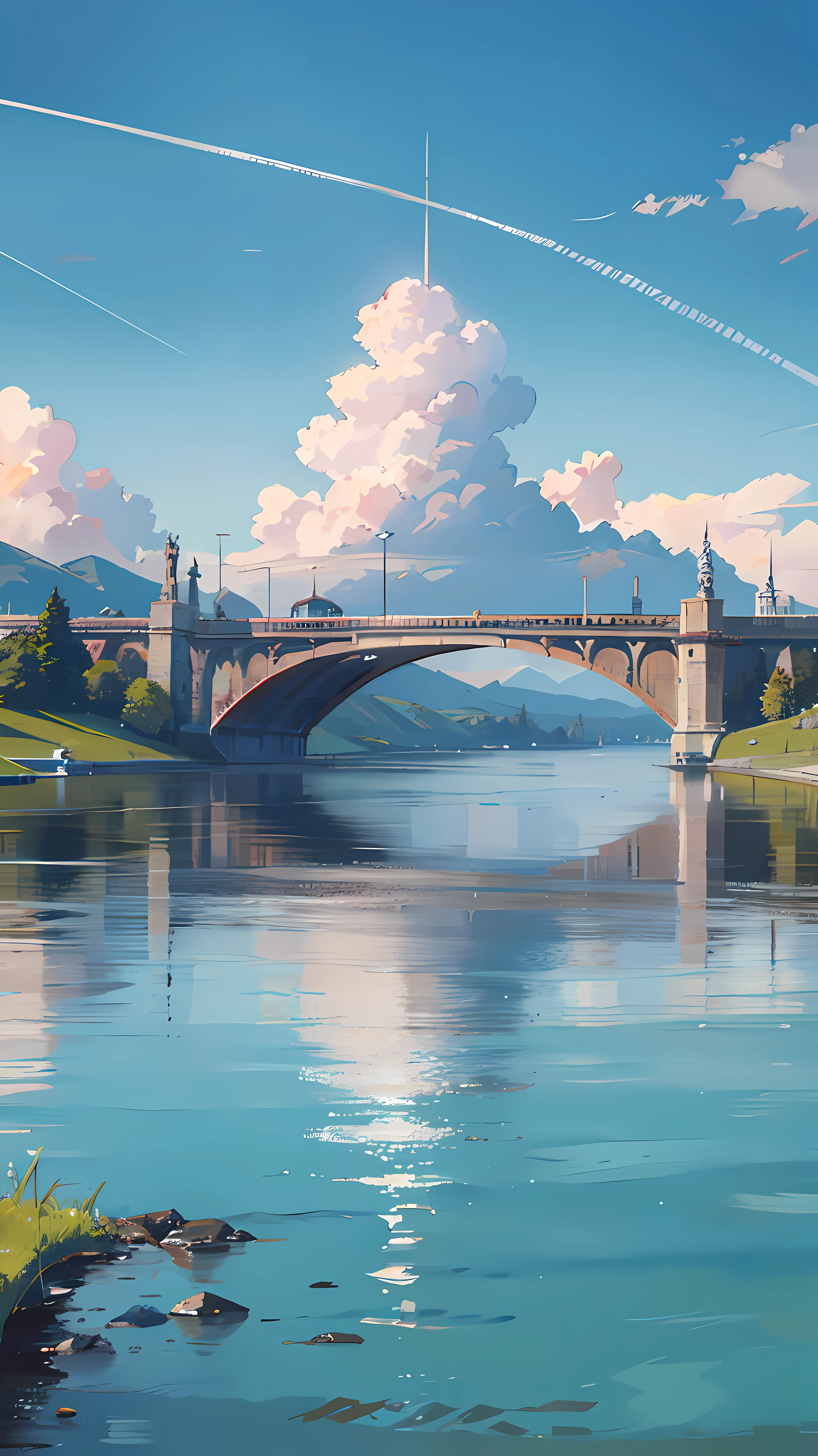 no humans, scenery, vanishing point, from below, masterpiece, best quality, 8k, absurdres, water surface, summer, noon, sunlight, blue sky, perspective, depth of field, highres, finely detail, ultra-detailed, sharp focus