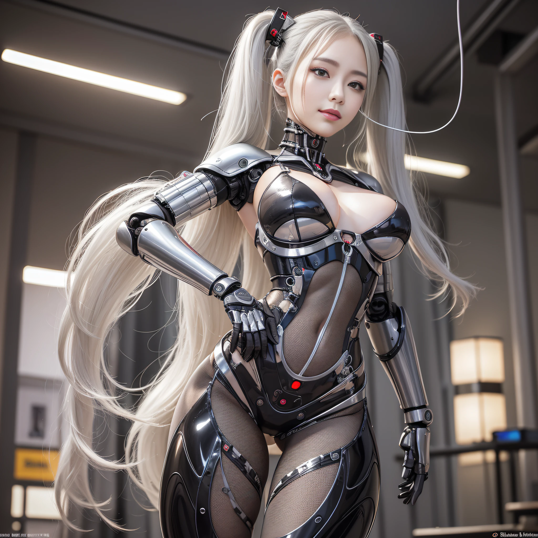 Beautiful Face,face is Japan, 1 Woman, Big, Curvaceous, (16k, RAW photo, top quality, masterpiece: 1.2), (HDR, Realistic, Photorealistic: 1.37) (tube attached to the body), (Bikini Cyborg robot parts)))), (light gray hair), Long hair, Wavy hair, Twin tails, Medium shot, ( Seductive smile)), (black eyes), princess cut,from below,(whole body),posing,,in the lab,( tube connected to blood vessel),((mechanical vertebrae attached to the back)),((mechanical neck attached to the neck)),(wire cable attached to the head and body),(character focus),science fiction,perfect female figure,perfect anatomy,ultraanatomy, Full body shot, up to 4 fingers and 1 thumb relationship,