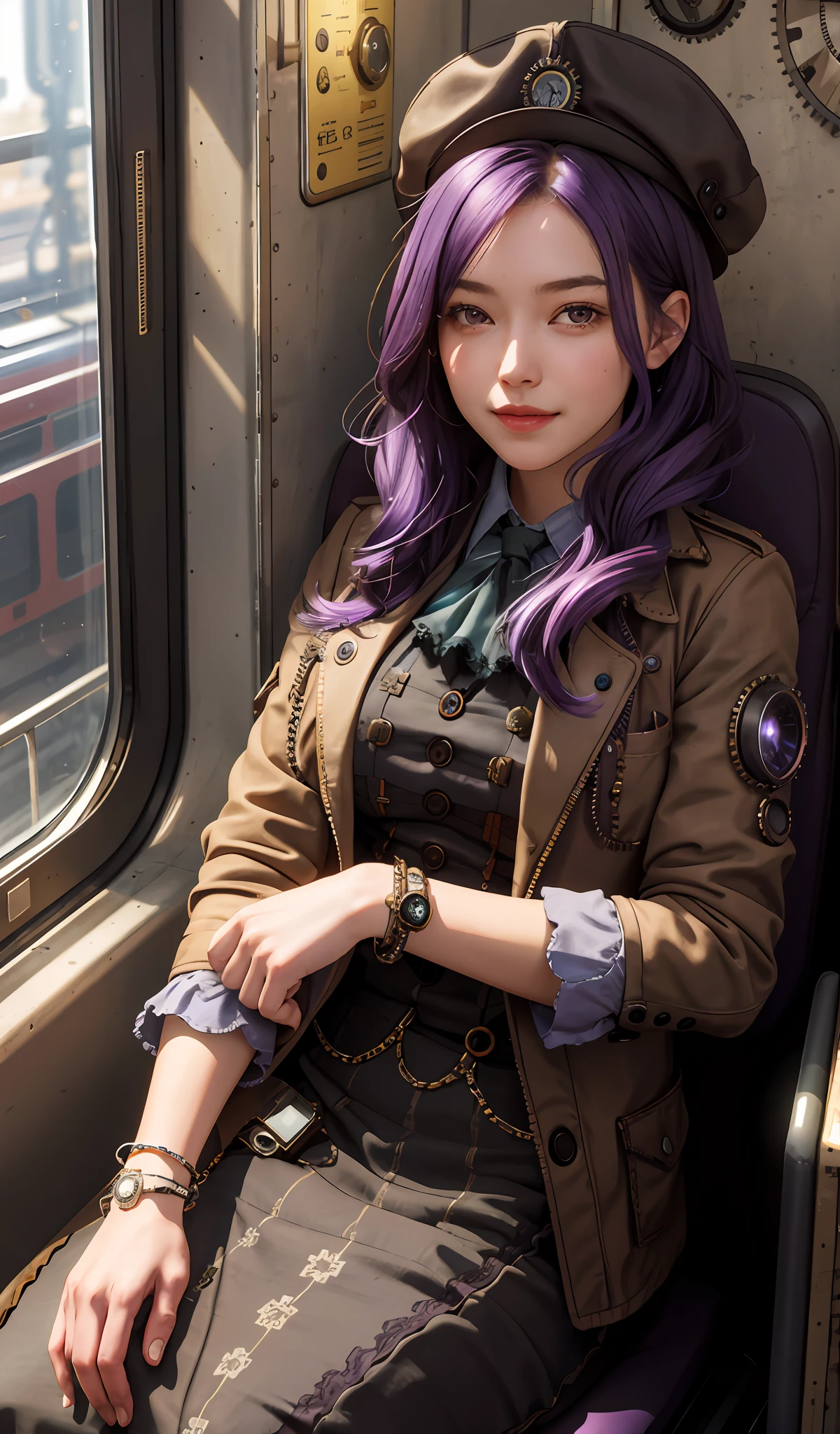 girl sitting in a chair, inside a train, very detailed, realistic, traced lights, 4k, coffe, cozy, gourgeos, morning, gears, steampunk style, gears in the wall, clock in the wall, cap, purple hair, bracelets, closing one eye, (happy), window,