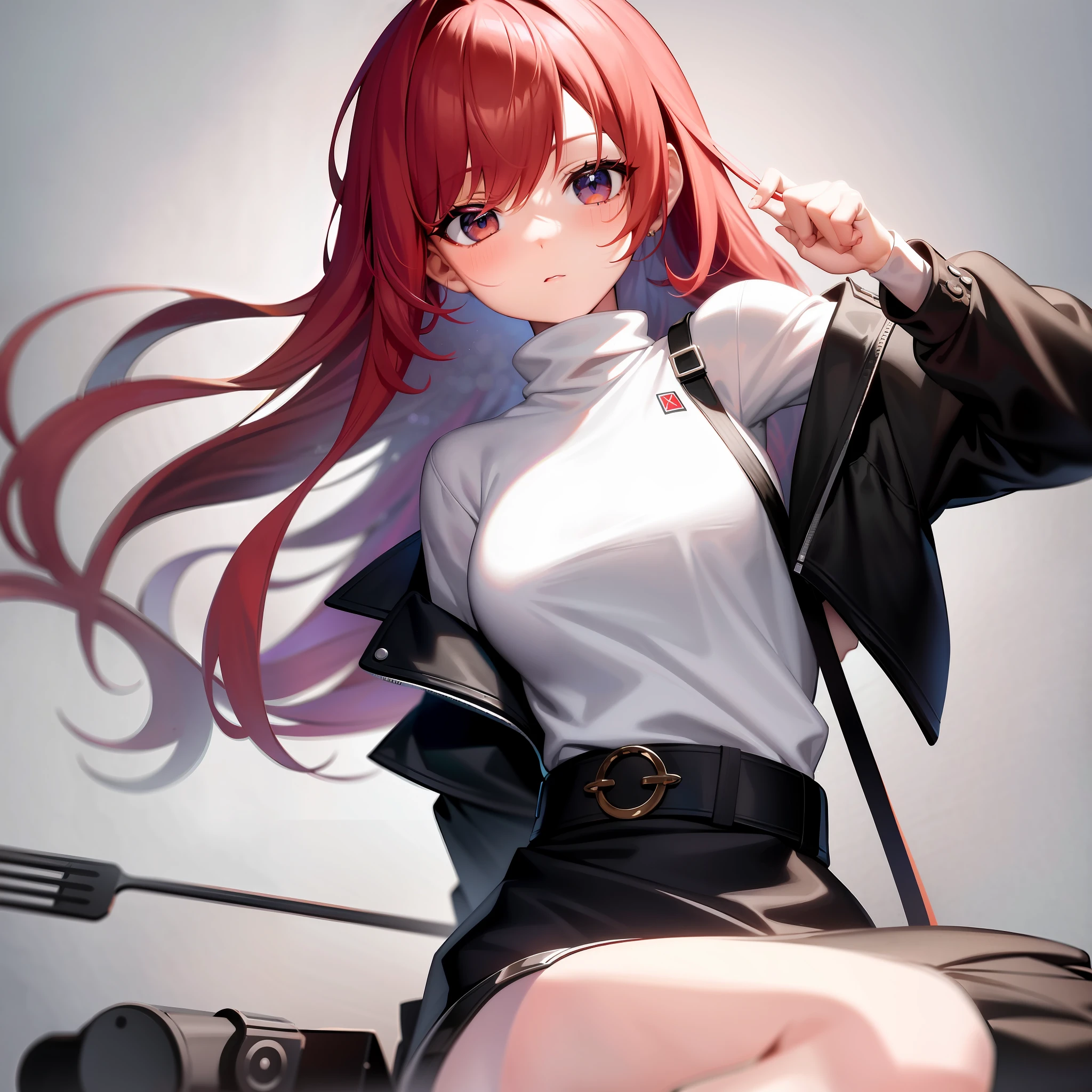 best quality, masterpiece, kyrielight mash, solo, 1girl, black eyes, white turtleneck shirt, (chibi: 0.6), light red hair, sticker, emoji, cute, white background, ((making food))