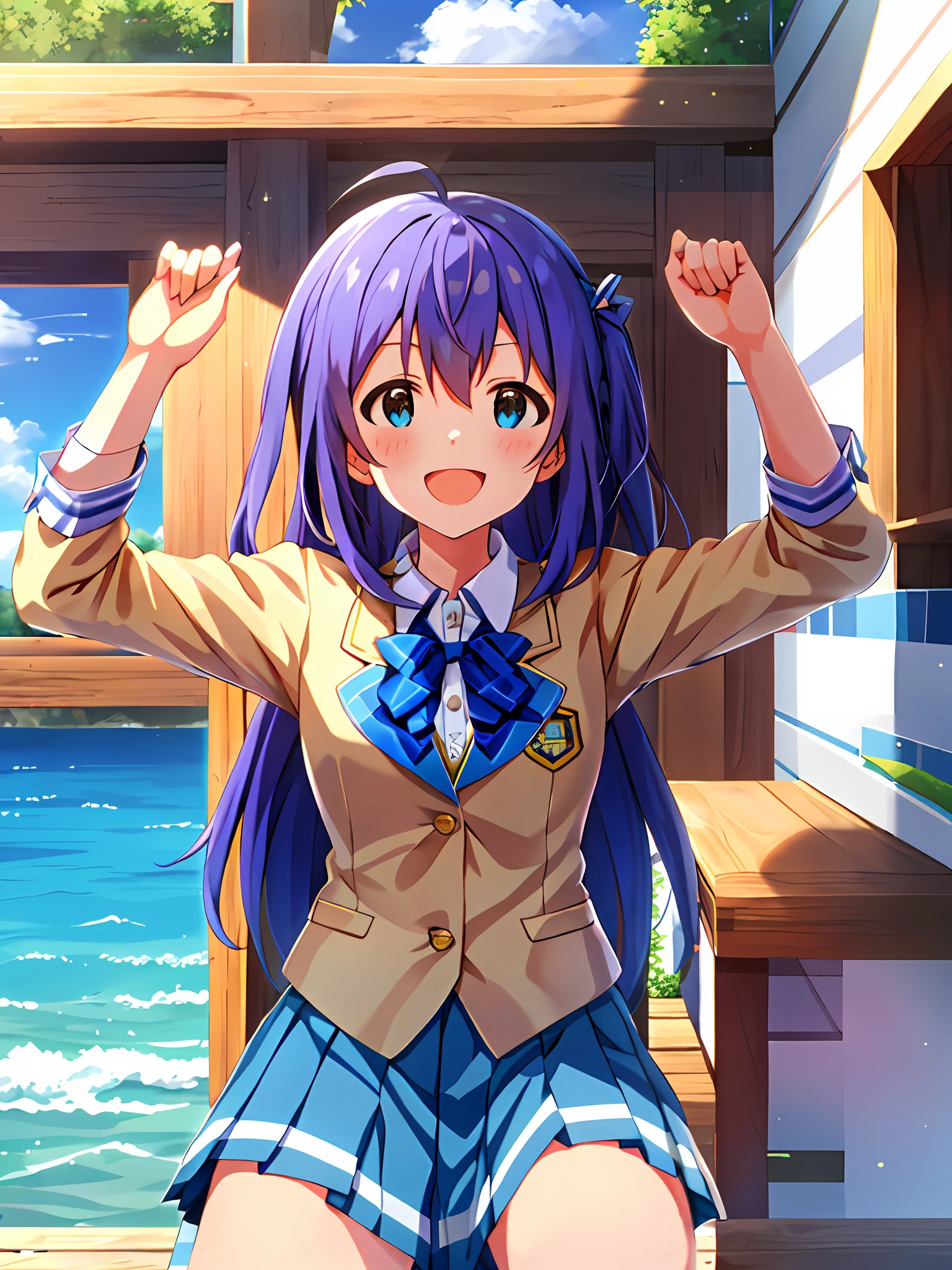 Anna Mochizuki (Million Live), Shiny Trinity \ (Costume), (Best Quality, 8K, Masterpiece, Super Detail: 1.2), Sea, Sun, Mottled Sunlight, Blue Sky, Beautiful Clouds, 1 Girl, Solo, Skirt, Smile, Open Mouth, V, Watch Viewer, White Sailor Color, Blue Shirt, Sailor Color, Blue Skirt, Pleated Skirt, Short Sleeve, :d, Shirt, School Uniform, Blush, Serafuk, Clavicle, bow, ribbon, blue bow. make a fist..