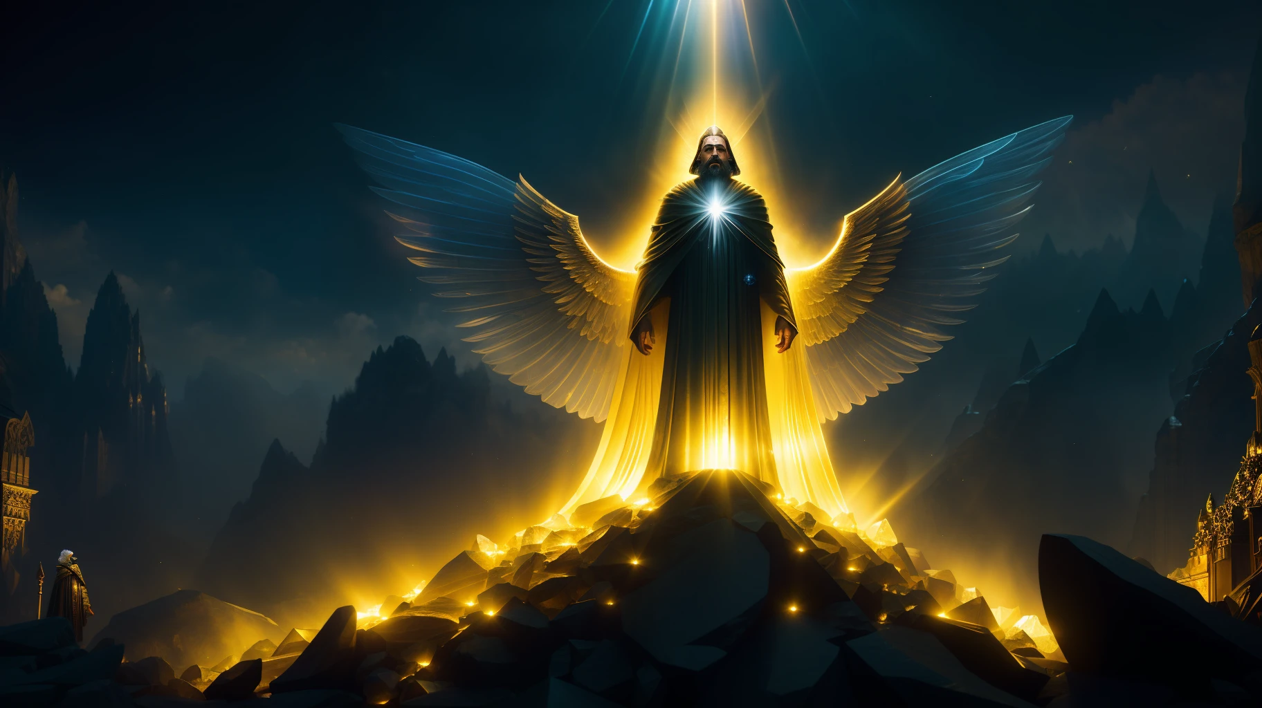 super high resolution, best quality, photo, 8k, (photorealistic: 1.2), cinematic lighting, An old man shaped like a fantz wlop, giant man with beard in bright white robes and floating on the crystal throne floating on crystal clouds, yellow eyes, bright yellow light emitted from the throne, precious stones floating in the sky, God, with beams of light enveloping his body,  with large translucent, feathered wings on the crystal throne, wings are open, golden light (halo:1.2) over your head, abdominal muscles dressed in medieval golden armor, beard, masculine, dark, masterpiece, best quality, intricate details, snow environment and crystals in the background, crystal cathedral, portal of the future, 3D light, HD, magic, god of light, backlighting,  detailed face, DREAD, depth of field, soft lighting, tone mapped, highly detailed, concept art, smooth, sharp focus, dramatic lighting, highly detailed art, cinematic, 8K, amazing shadows (highly detailed background: 1.2)