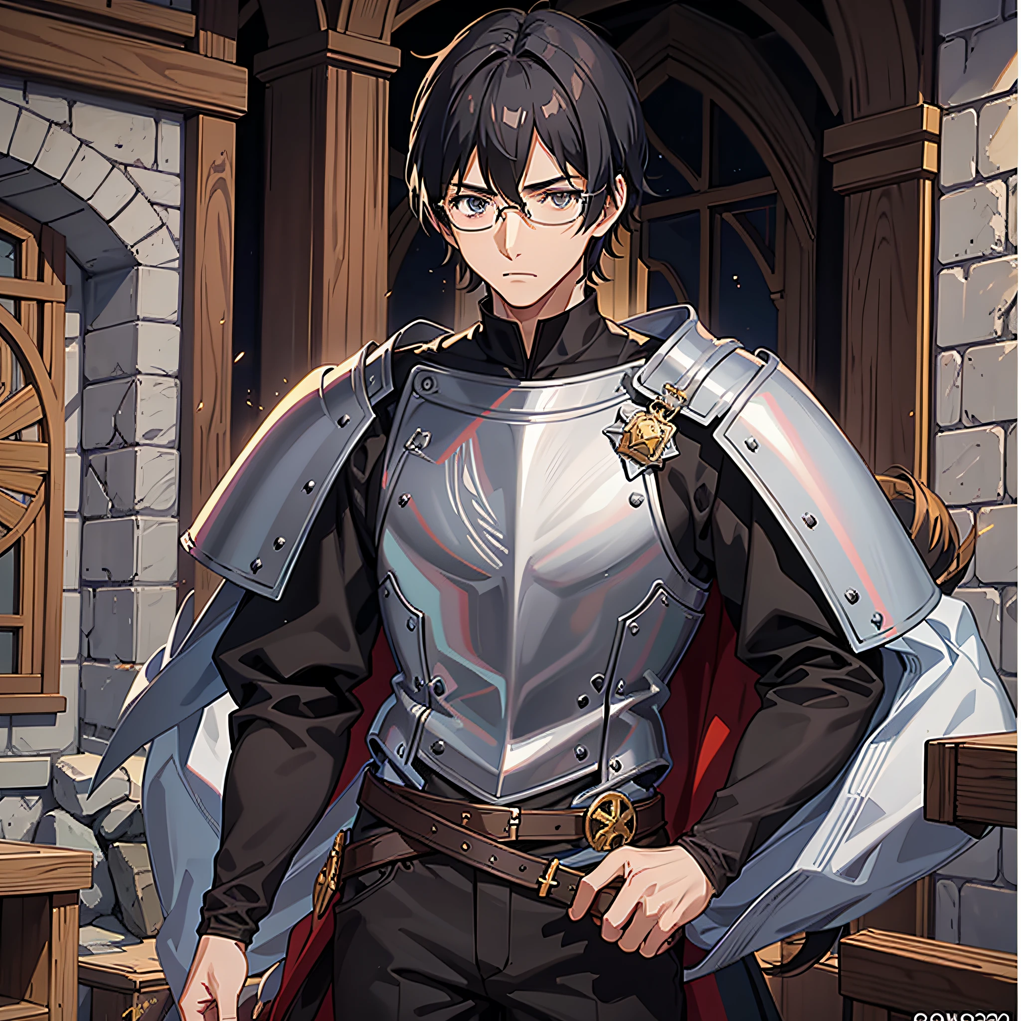 Screenshots of Anime A skinny, black-haired, 25-year-old bespectacled man dressed like a medieval European knight is standing looking at us with a troubled face. Trim to the knees with the background stretched. Fine line art 2020s anime